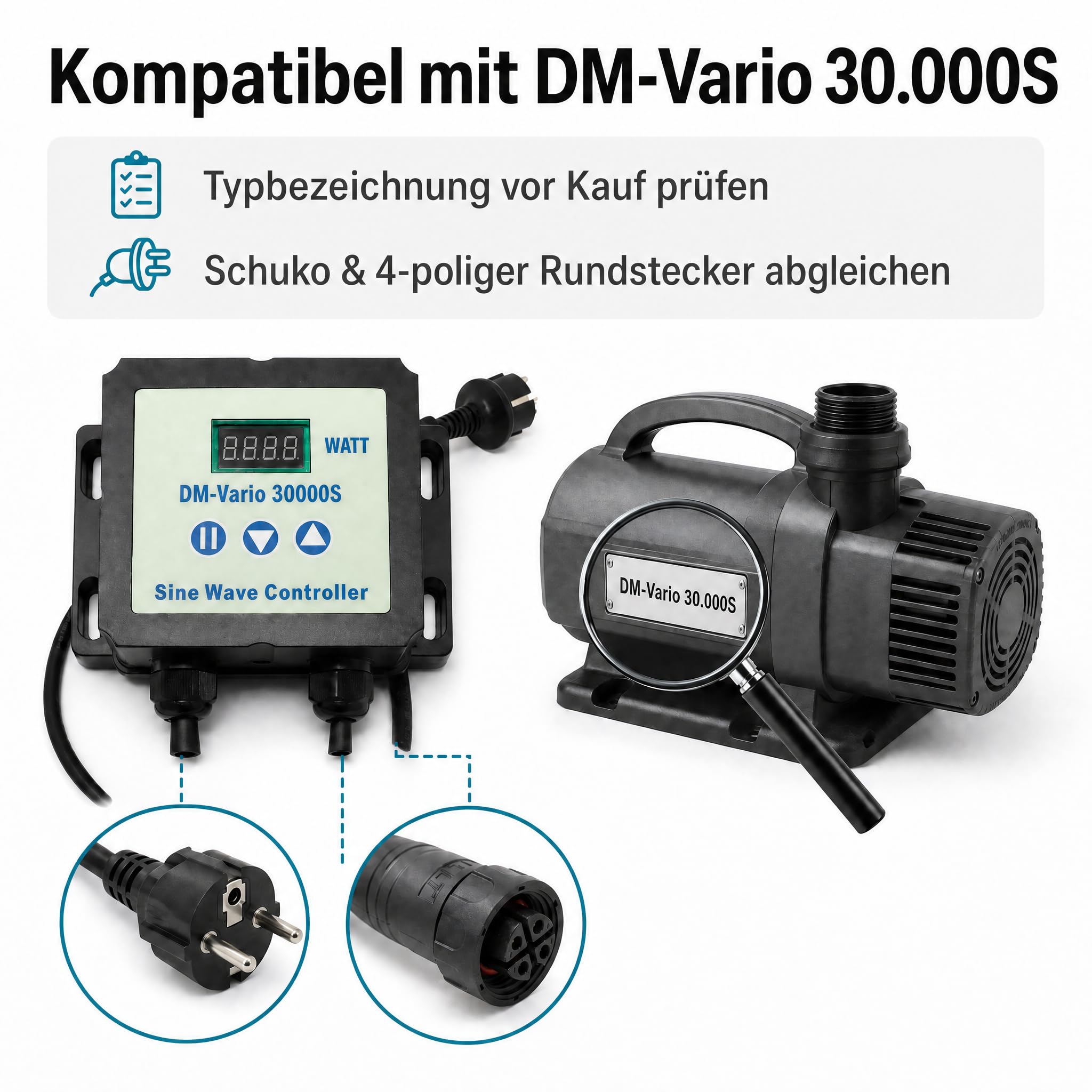 Pumpensteuerung kompatibel mit AquaForte DM‑Vario 30.000S, Sine‑Wave‑Controller mit WATT‑Anzeige, 3‑Tasten‑Bedienung, robustes Gehäuse mit Kühlrippen, Schuko‑Netzstecker & 4‑poliger Rundstecker