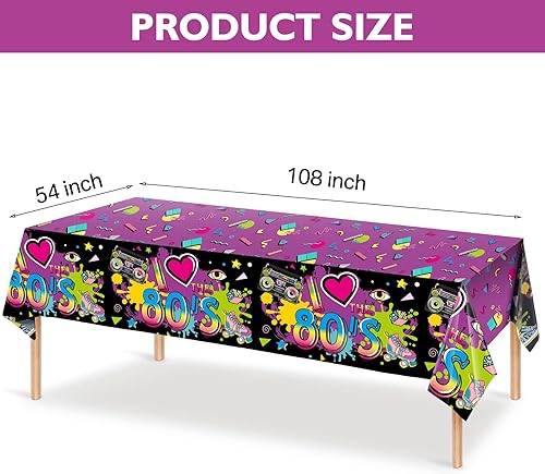 Miniatura 2 de Kasyat Mantel de plástico de 3 piezas de los años 80 para fiestas, cubierta de mesa de los años 80, suministros de cumpleaños de los 80, decoración