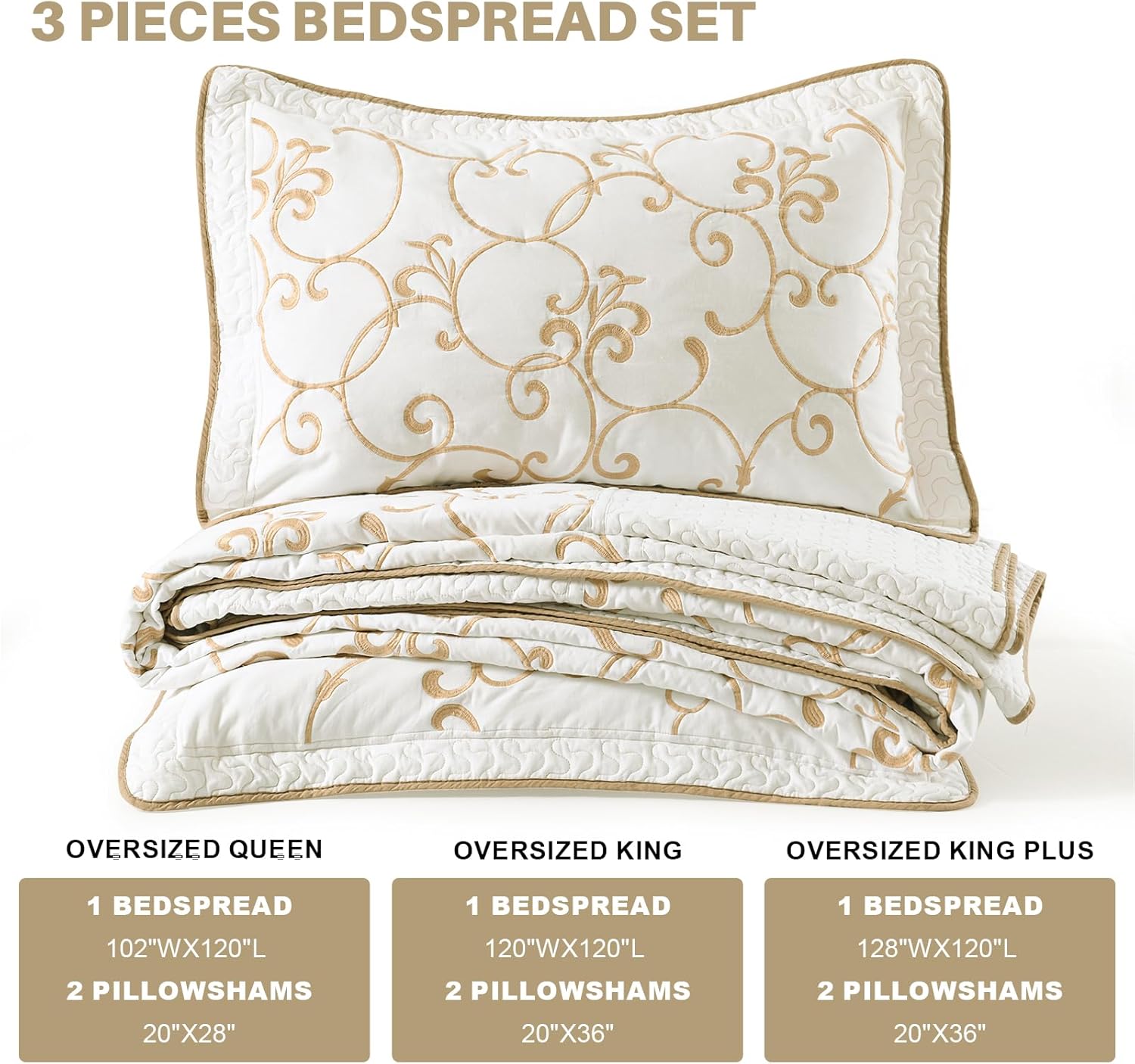 100% Cotton Oversized Bedspread Quilt Coverlet Set, 128"x120" Extra Large Cal King Bedspreads with Pillow Shams, Lightweight Embroidered Bedding Cover 3 Piece, Beige/White