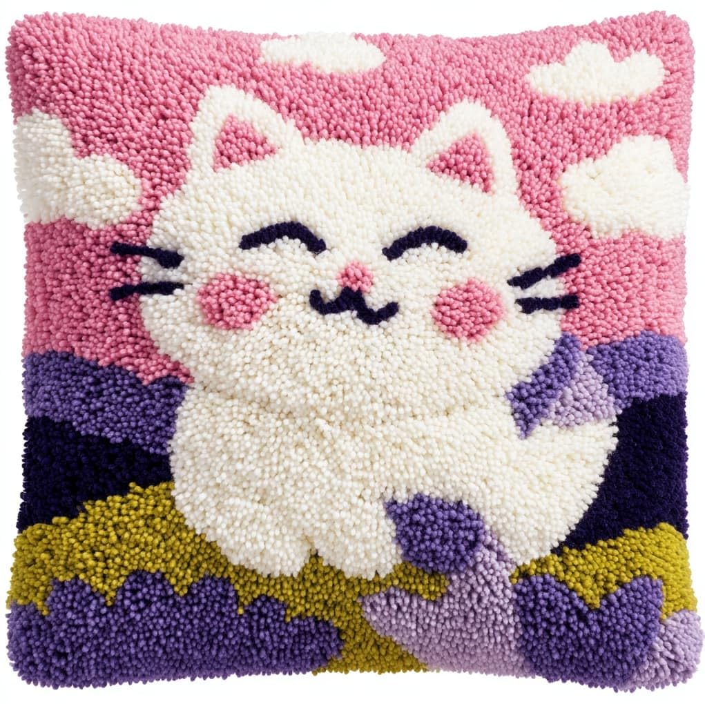WallustrioaW Latch Hook Pillow Cover Kit,Lavender Flowers and Cats