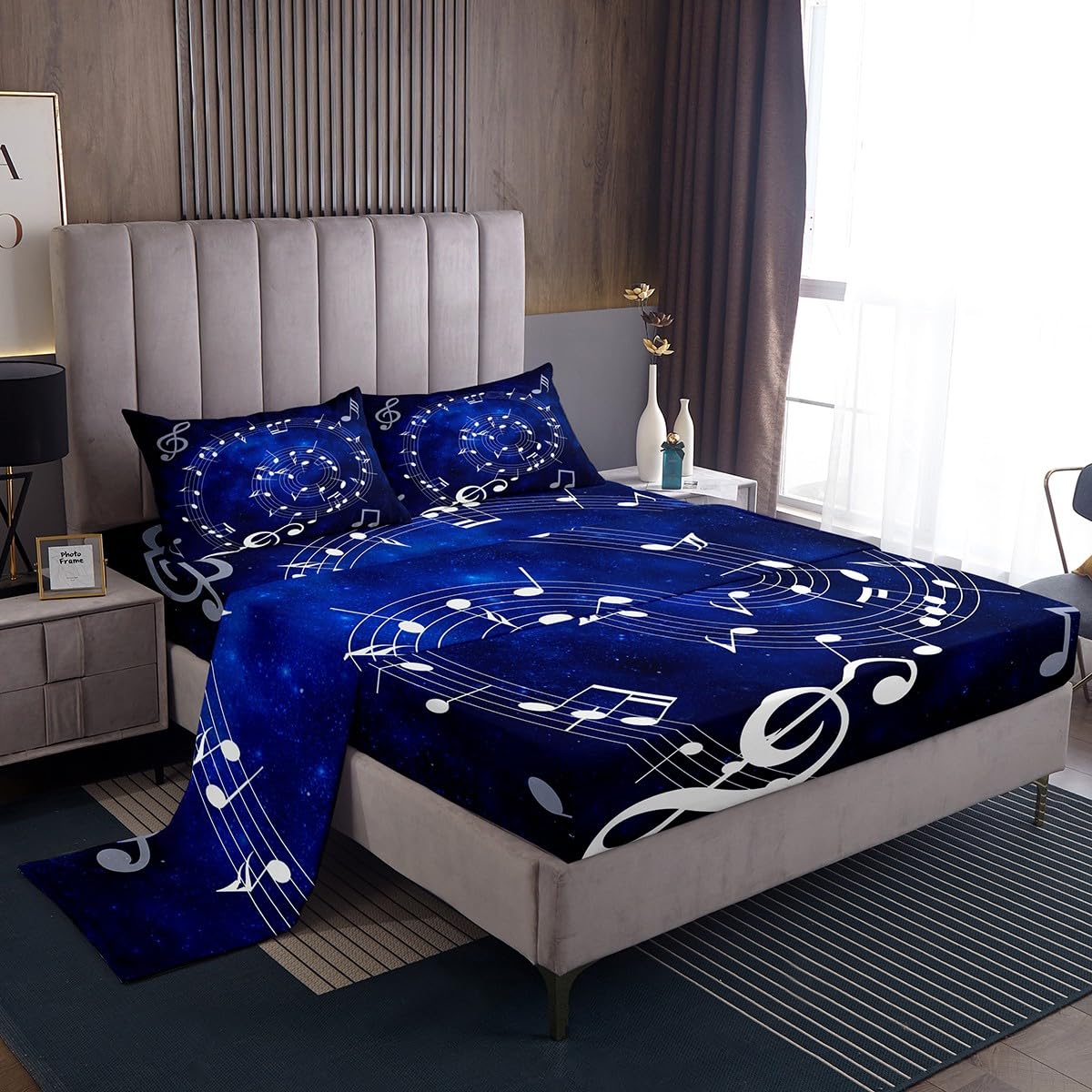 Homewish Music Note Swirl Sheet Set Kids Blue Starry Sky Bed Sheets Set Girls Music Stave Bedding Set for Boys Teens Sheets Soft Room Decor Twin Size(