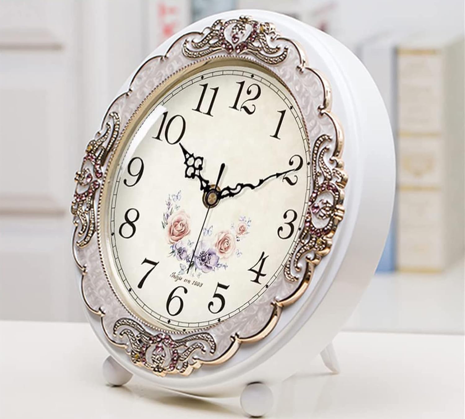 Justup Vintage Wooden Table Clock, Retro Non-Ticking European Style Beside Mantle Desk Clock Battery Operated Silent Quartz Movement for Bedroom Living Room Indoor Decor (White-Rose)