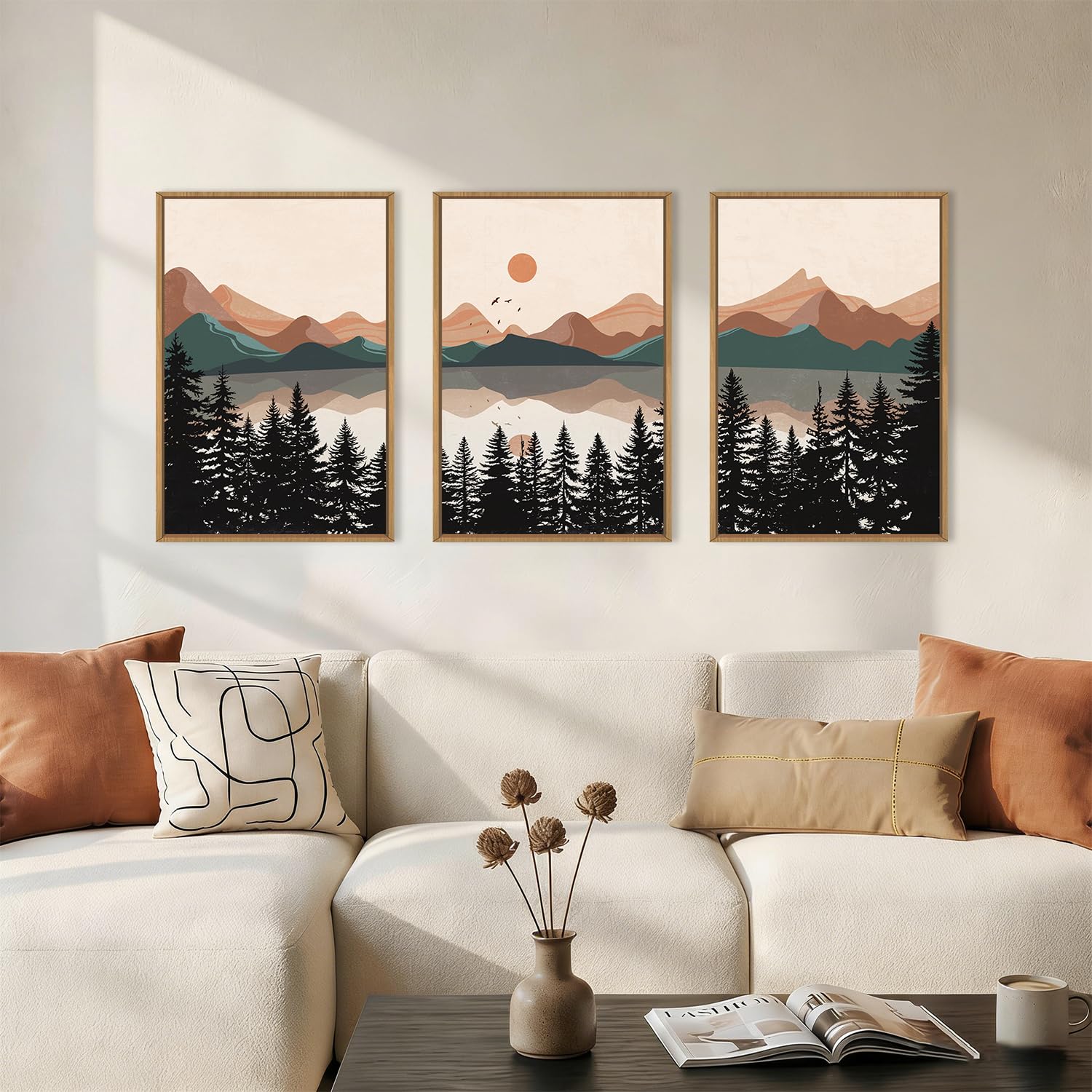 KAIRNE Boho Mountain Sunset Framed Canvas Wall Art Set,Colorful Mid Century Forest Wall Decor,Beige Nature Pine Tree Art Prints,Abstract Modern Landscape Artwork for Living Room,Bedroom,Farmhouse,Office-24"x36"x3