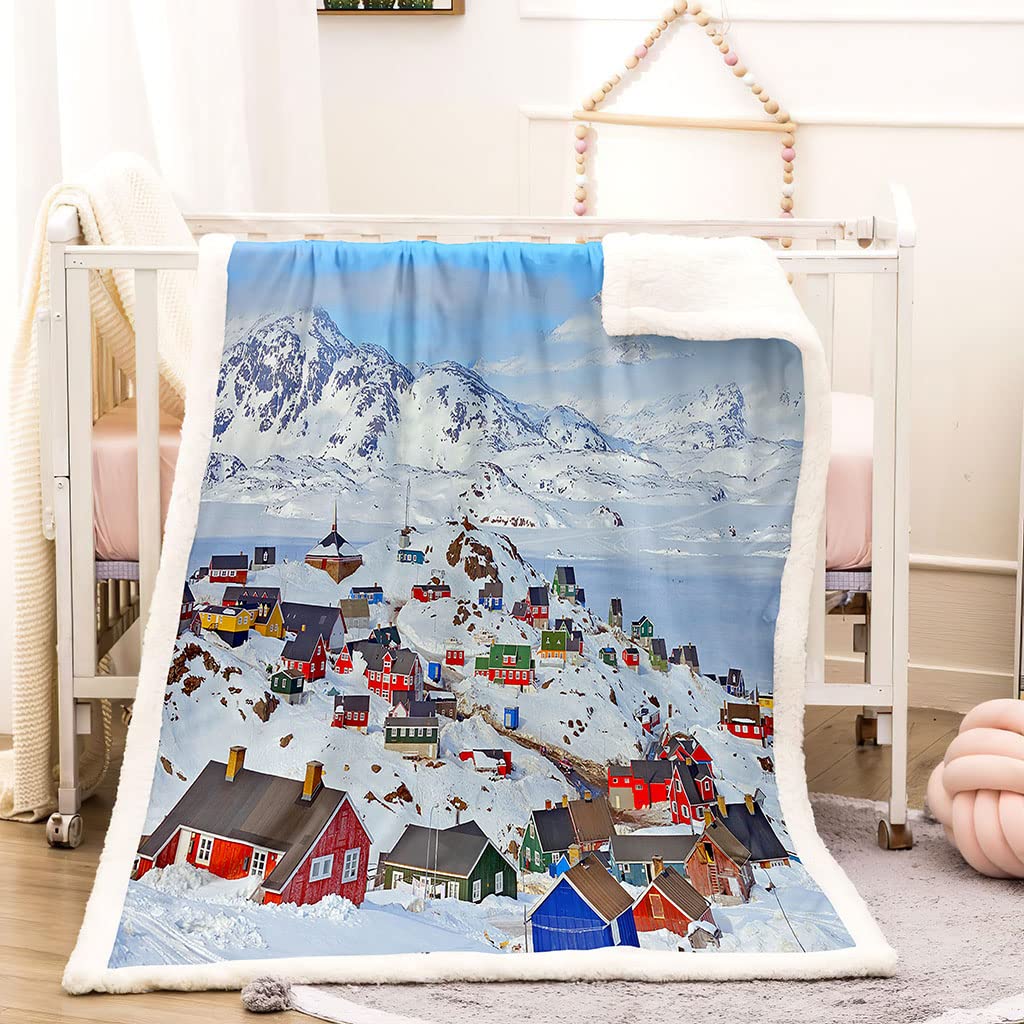 Manta De Franela De Microfibra 150X200Cm Manta De Felpa Suave para Sofá Cama 3D Casa Blanca Escena De Nieve Impresión Patrón Manta Polar Invierno Gruesa Y Esponjosa Caliente Transpirable
