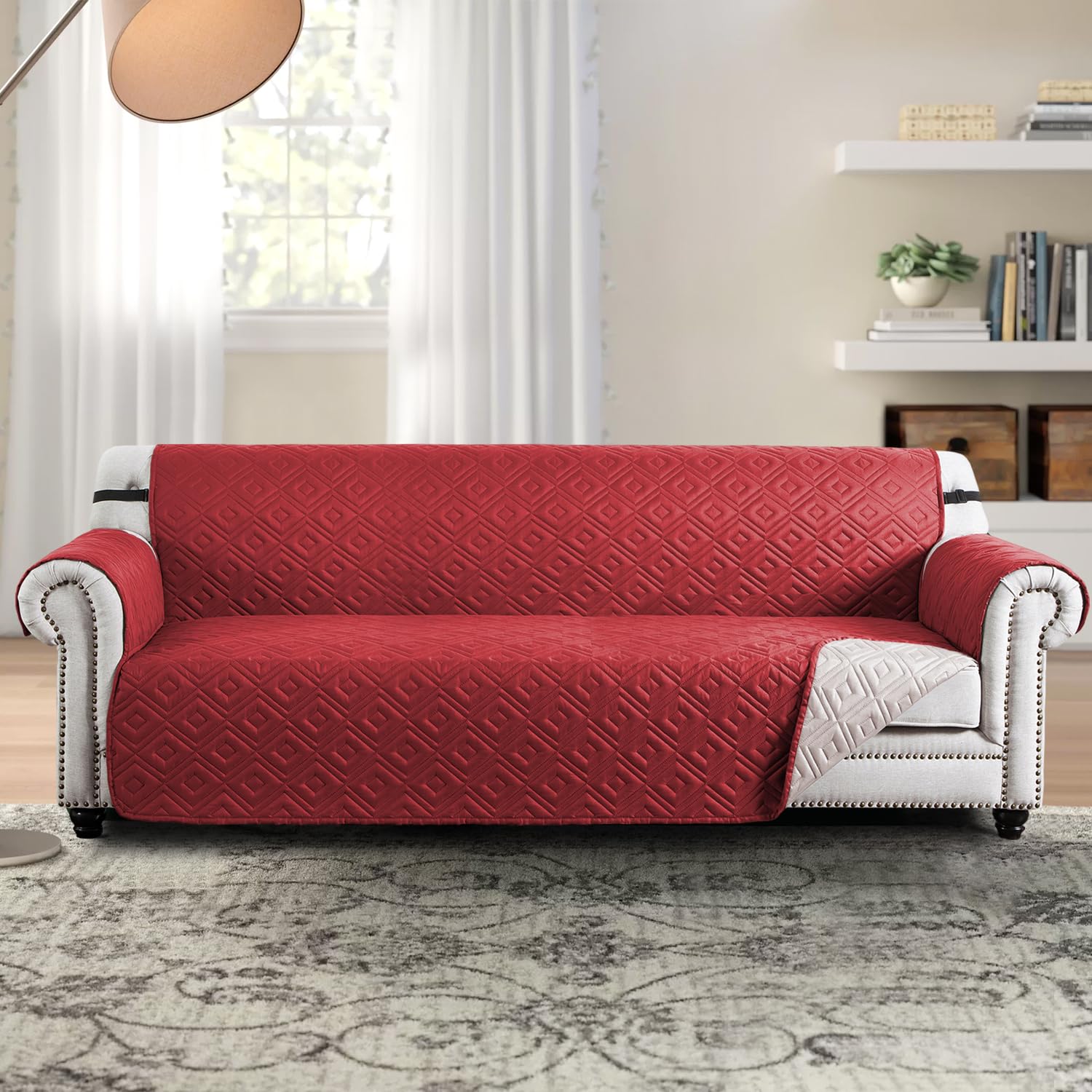 BedLooms Sofa Cover 3 Seater - Water Resistant Sofa Protectors from Pets/Kids/Dogs - Reversible Quilted Sofa Slipcovers Non Slip Washable Sofa Covers with Elastic Straps (Burgundy/Beige)