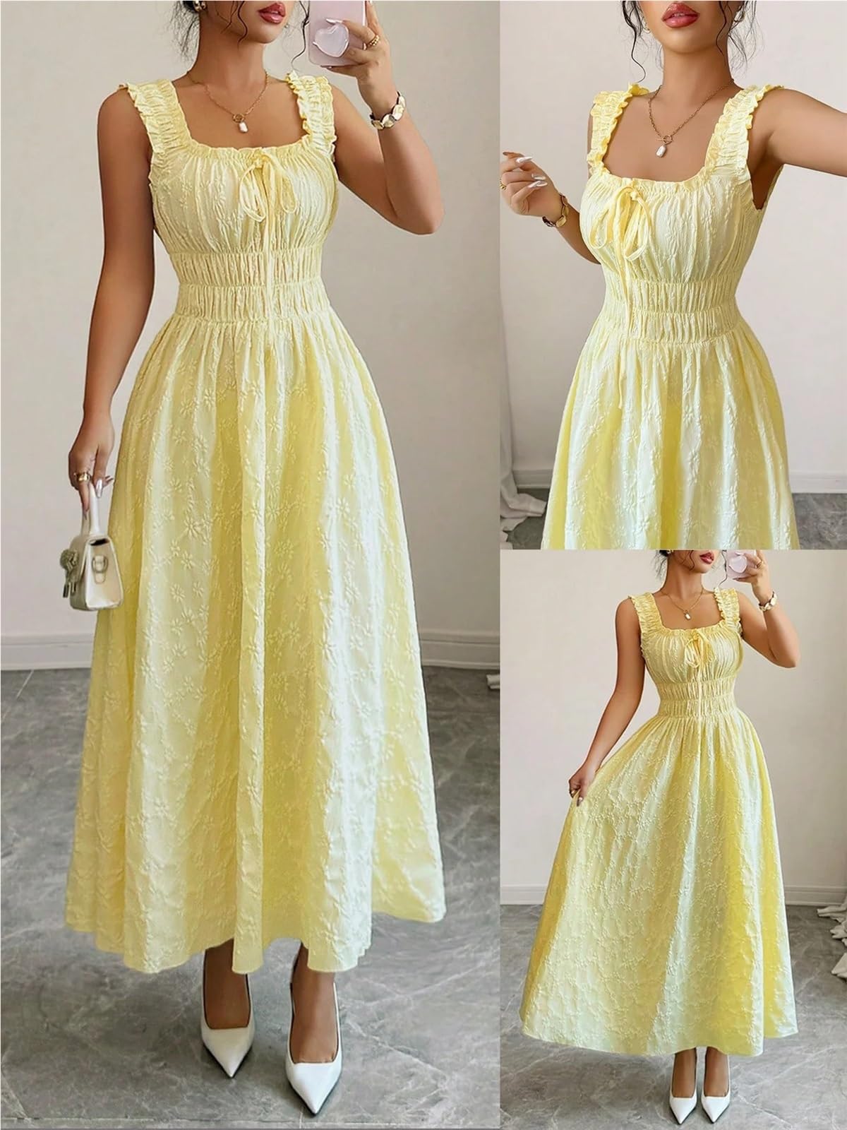 Vestido de Playa Vestidos Casuales for Mujer Sólido Amarillo Smocked Chic Primavera Verano Fiesta Fecha Vacaciones