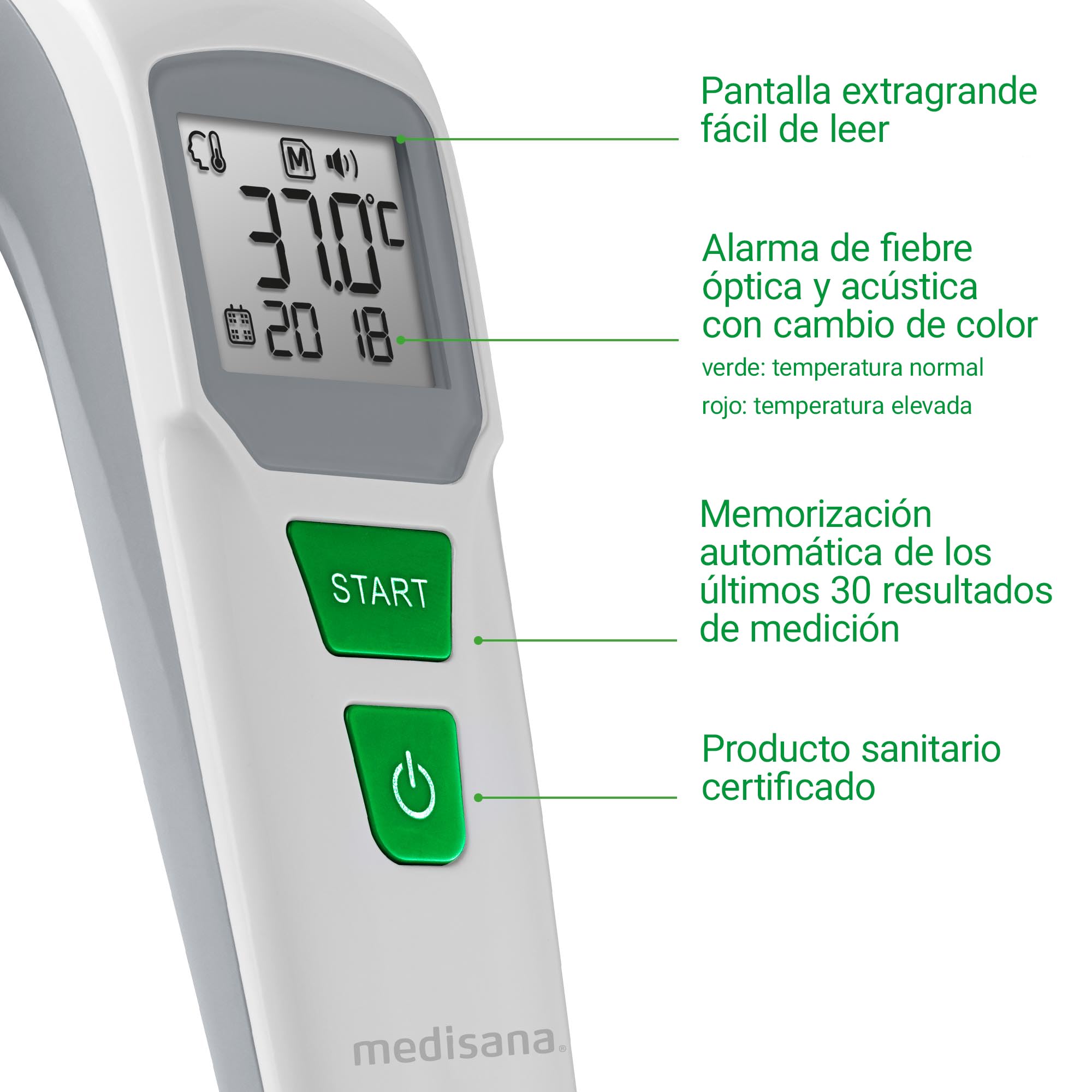 medisana TM 762 termómetro digital para la frente termómetro clínico para bebés, niños y adultos con alarma visual de fiebre, función de memoria y medición de líquidos