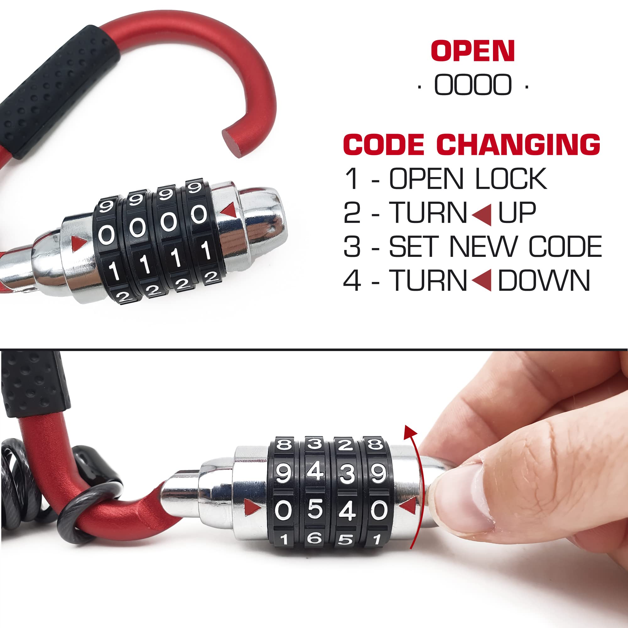 RADIKAL RK540R Cadenas Casque Moto Mousqueton Antivol, Serrure à Combinaison, Adaptateur T Boucle, Câble Sécurité Anti Vol a Code, Universel Vélo Électrique, Bagages, Attache Sac à Dos, Multifonction