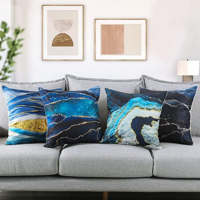 JOTOM Cushion Covers 45x45cm Blue Gold Modern Throw Pillow Covers Abstract Wave Decorative Pillow Covers Artwork Teal Marble Pillowcase for Sofa Outdoor Home Bed Car Decor Set of 4 ( Abstract Pattern)