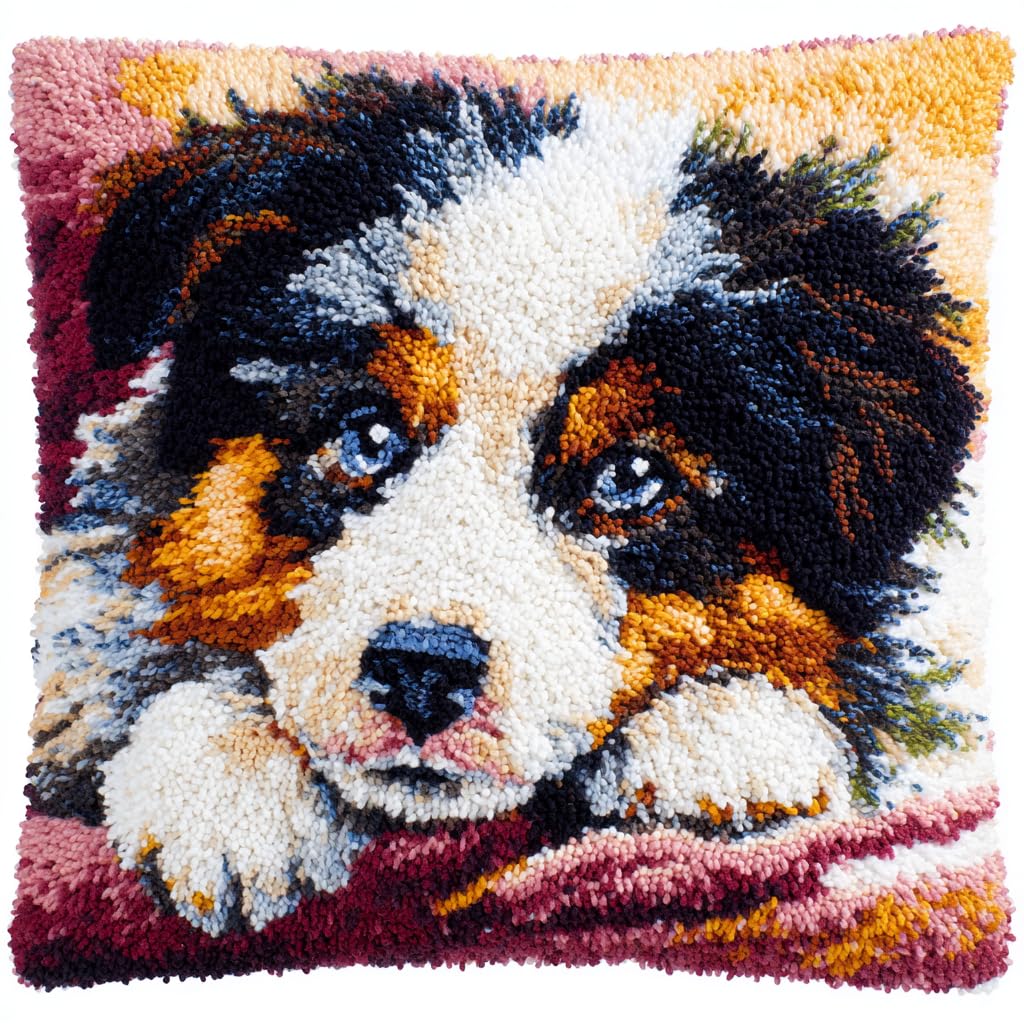 ANSIWEIGO Dog Latch Hook Kit for Kids & Adults – Australian Shepherd – DIY Cushion Cover Set (43x43 cm) – Creative Craft Project for Family Fun – Cute Dog Theme Craft Pillow
