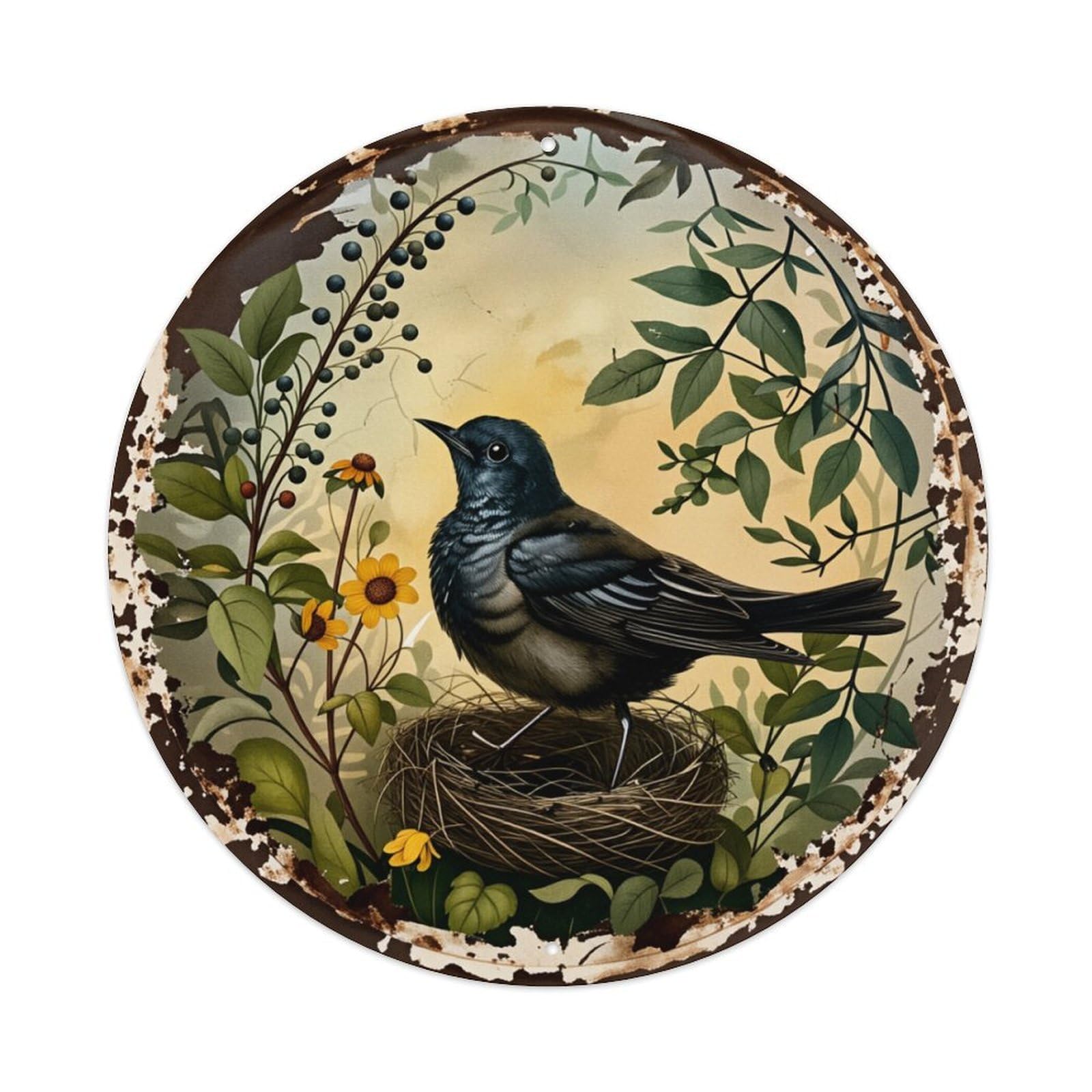 Bird Nest Flowers Leaves Sky Round Tin Sign Retro Metal Sign for Cafe Bar Pub Home Game Room Gym Club Wall Decoration Vintage Metal Poster 8x8 Inch