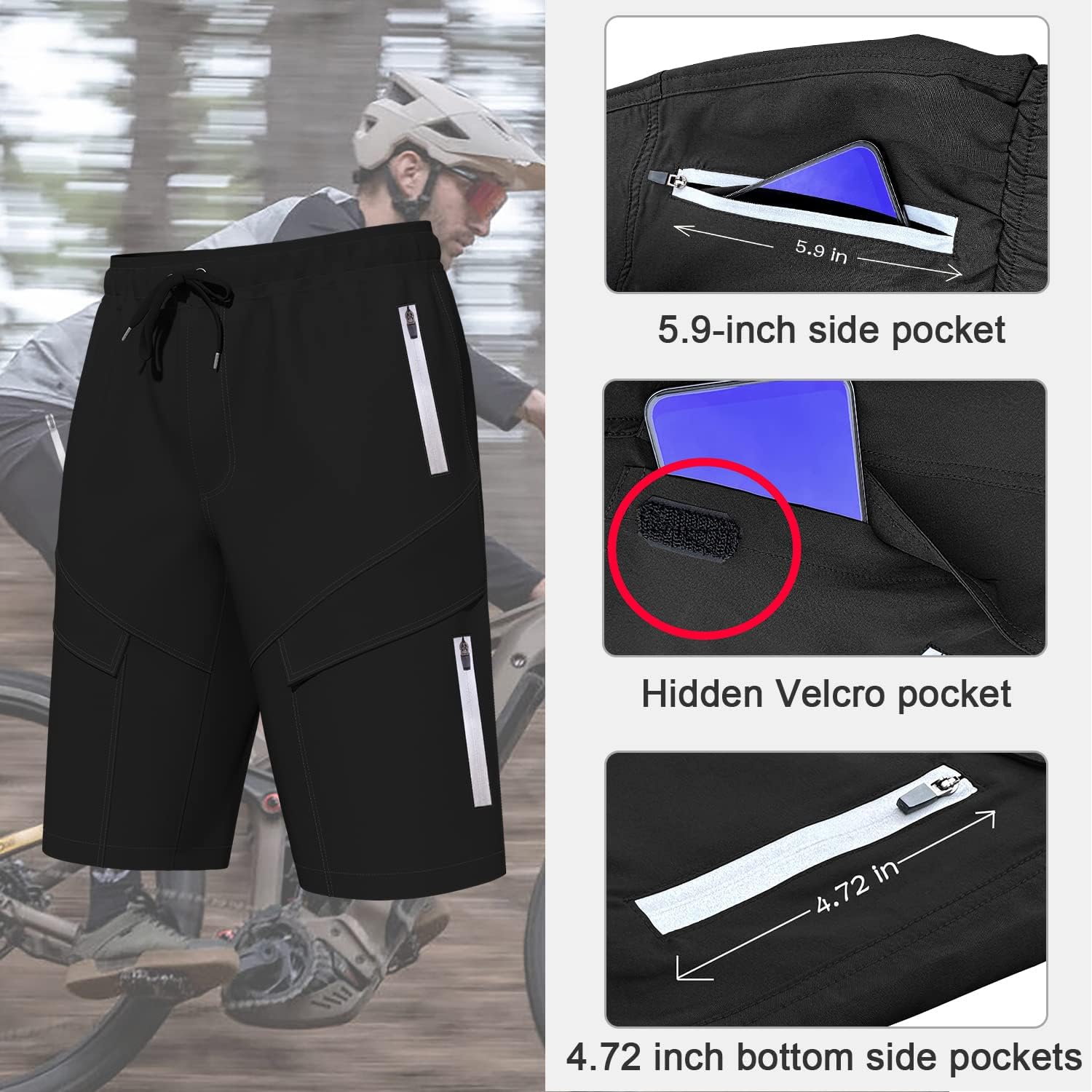 Lo.gas Mountain Bike Shorts for Men,3D Padded Loose-fit Cycling Biking Bicycle Shorts Mens with Underwear Zipper Pockets - Image 2