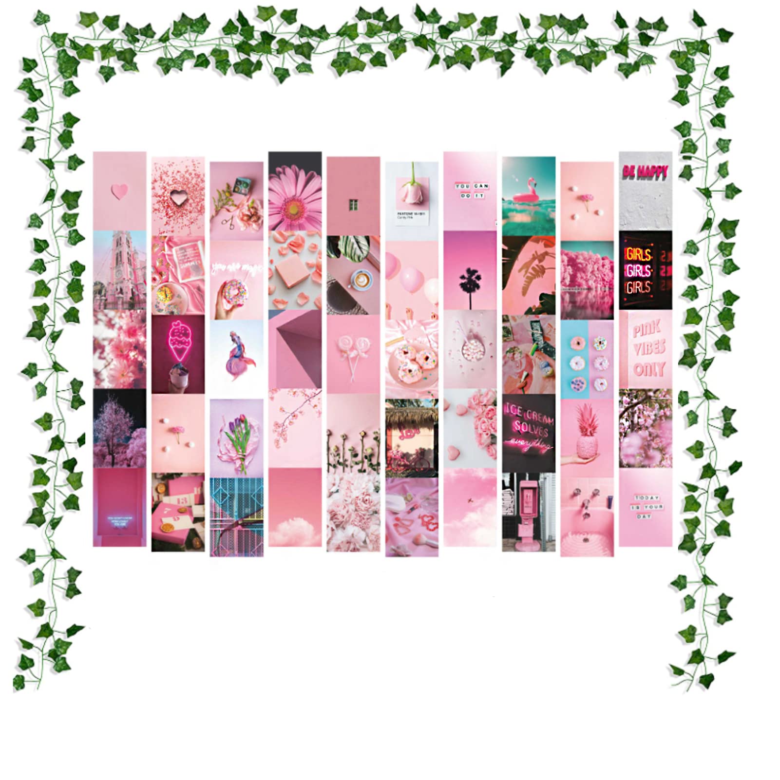 Facerain 50pcs Wall Collage Kit Aesthetic Pictures, 4 x 6 Inch Pink Cute Wall Aesthetic Collage Pictures with Vines, Cute Aesthetic Pictures for Wall Collage, Aesthetic Pictures Posters Room Decor for Teen Bedroom Wall Collage