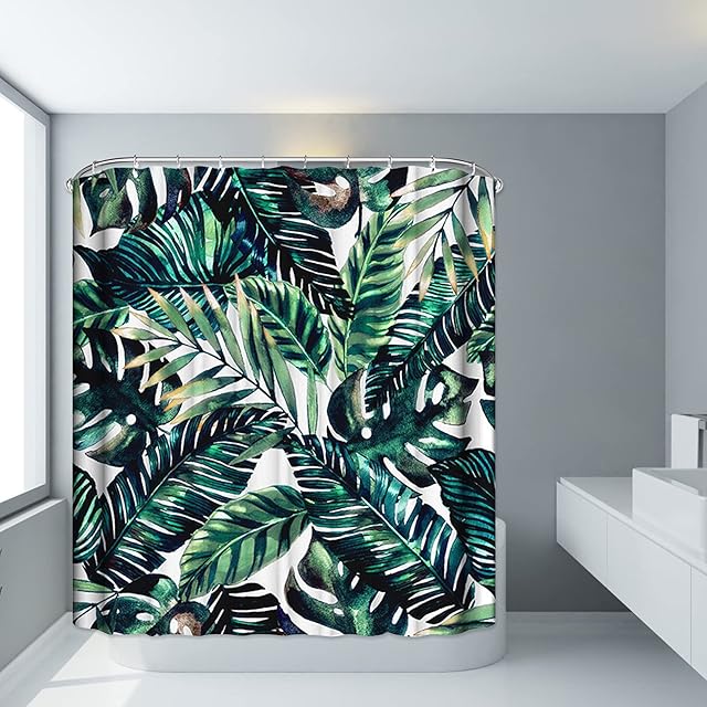 Shower Curtain, Mildew Resistant Waterproof Bath Curtain Washable Polyester Fabric Anti-Mould Palm Green Leaf Bathroom Curtain with 12 Hooks 180x180 cm (71x71Inch)