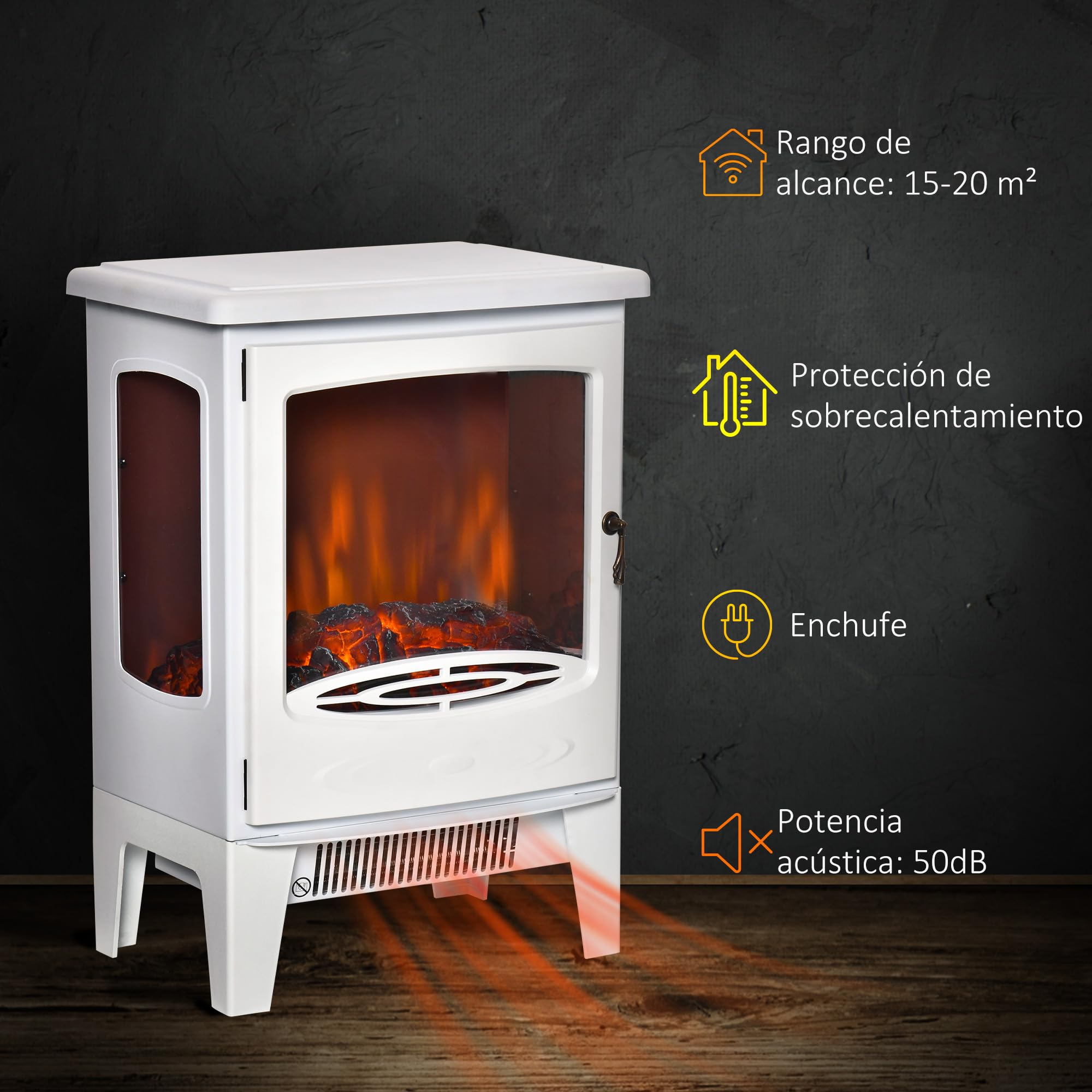 HOMCOM Chimenea Eléctrica 900W/1800W Decorativa de Pie con Ventanas Efecto Llama Temperatura Ajustable Protección Sobrecalentamiento 20-25㎡ Blanco