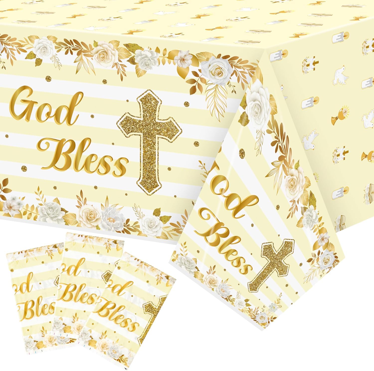 BeYumi 3-Pack Gold Baby Baptism Party Tablecloths - Durable Waterproof PE Plastic Table Covers with Cross and Flower Theme for First Communion, Baptism, and Religious Celebrations (137x274cm, 54x108 I
