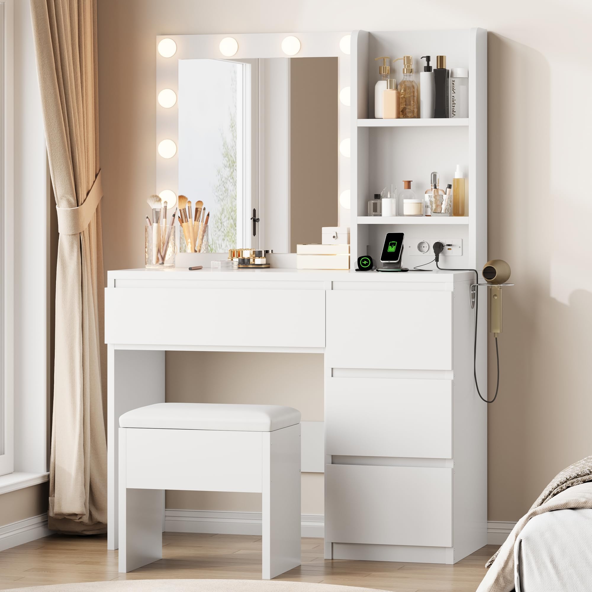 Jocoevol Schminktisch mit Spiegel und LED Beleuchtung, 40 x 94 x 140 cm
