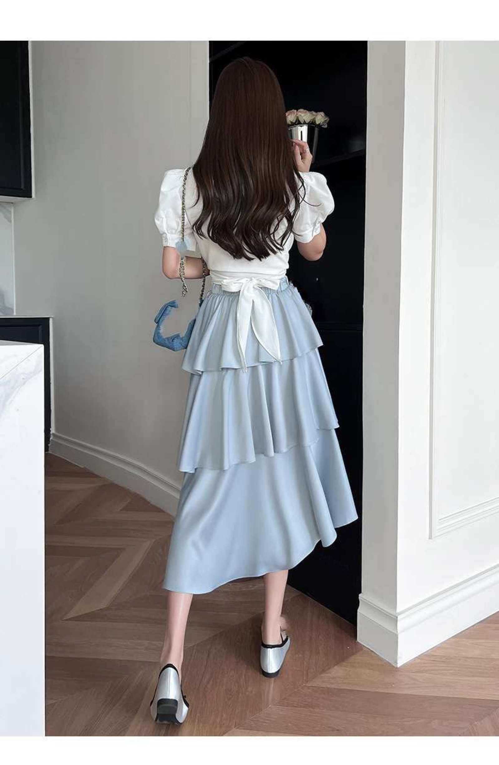 Jupe De Gâteau en Satin De Fibre De Vinaigre Taille Haute pour Femme - Jupe Mi-Longue Taille Élastique De Couleur Unie Polyvalente D'Été Petite Jupe À Volants Irréguliers Jupe Longue Lig