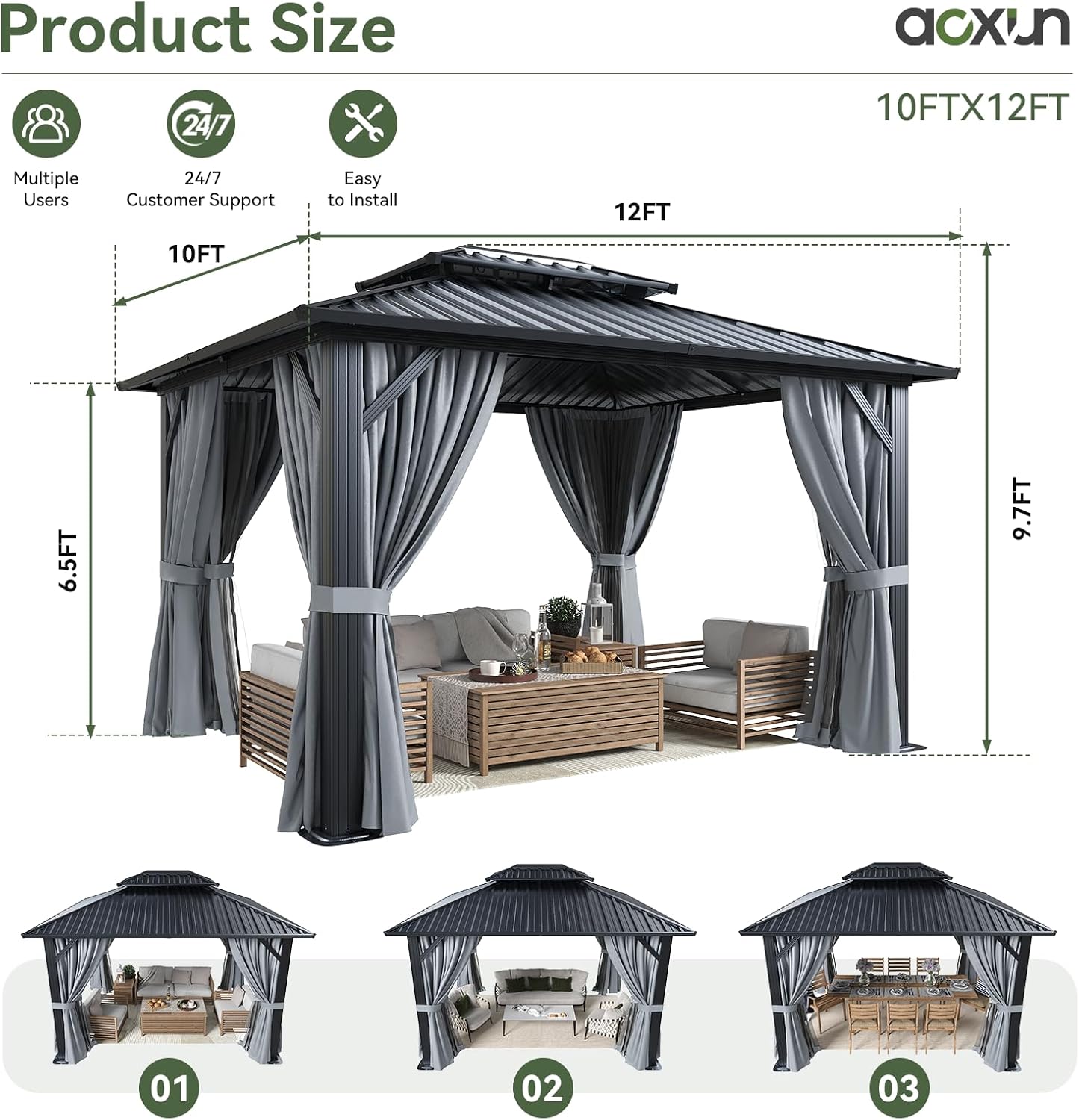 Diagram showing the product dimensions of the Aoxun 10x12 gazebo.