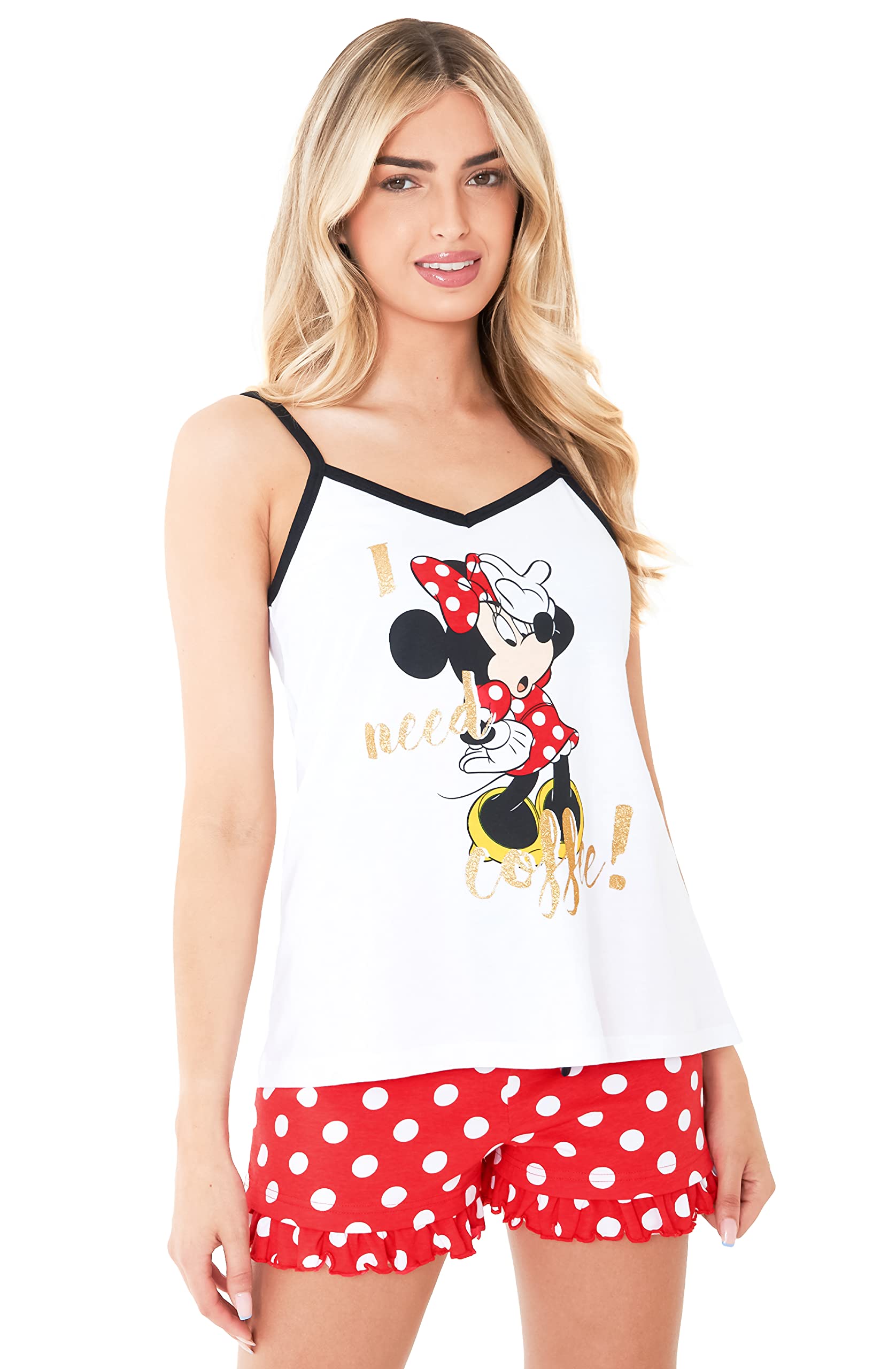Disney Pijama Mujer Verano, Conjunto Pantalones Cortos y Camiseta Tirantes con Personajes, Moda Mujer S-XL, Pijama Stitch Minnie Cruella Marie