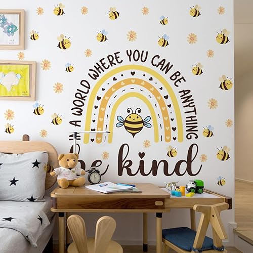Miniatura 2 de 45.66 x 37 pulgadas, calcomanías de pared de acuarela de abejas y arco iris, calcomanías de pared grandes bohemias con diseño de abeja amarilla