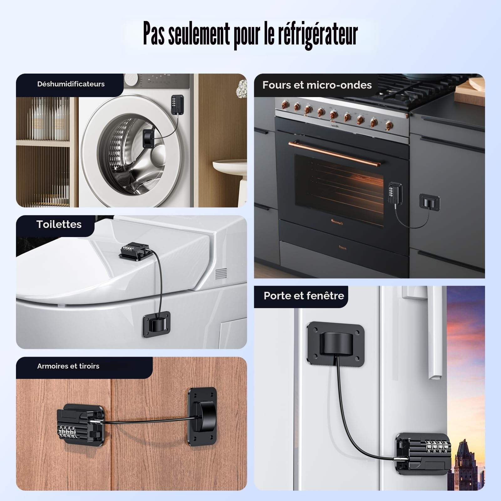 Cadenas Frigo Avec Code -Bloque Porte Sécurité pour Enfants - Verrou de Réfrigérateur Sans Percage ni Outils, Serrure pour Convient Fenêtres Armoire Tiroir (1 Pièce - Noir) (EU Brevet)
