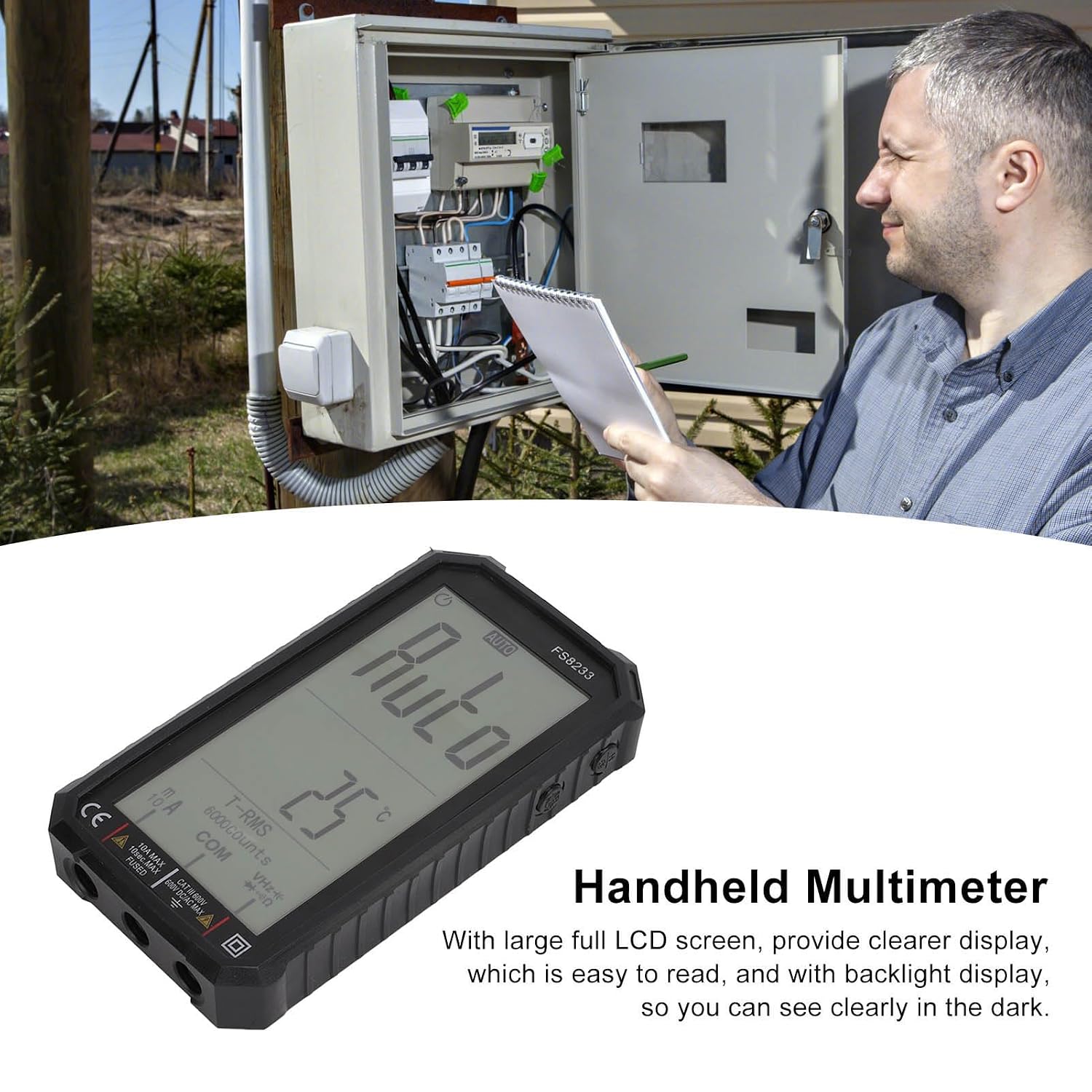 Person using Walfront FS8233 Digital Multimeter for electrical testing