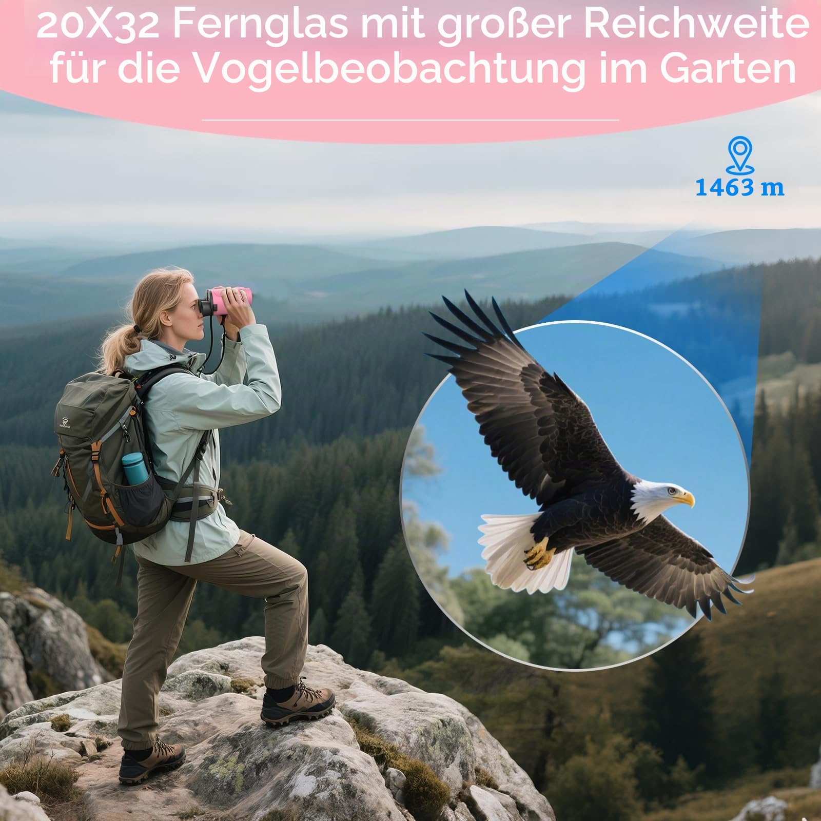 Kompaktes Fernglas für Erwachsene, Hochleistungsfernglas, 20x32 Mini-Fernglas für Erwachsene und Kinder mit Sicht bei schwachem Licht, für Jagd, Kreuzfahrten, Reisen, Konzerte, Wandern, rosa