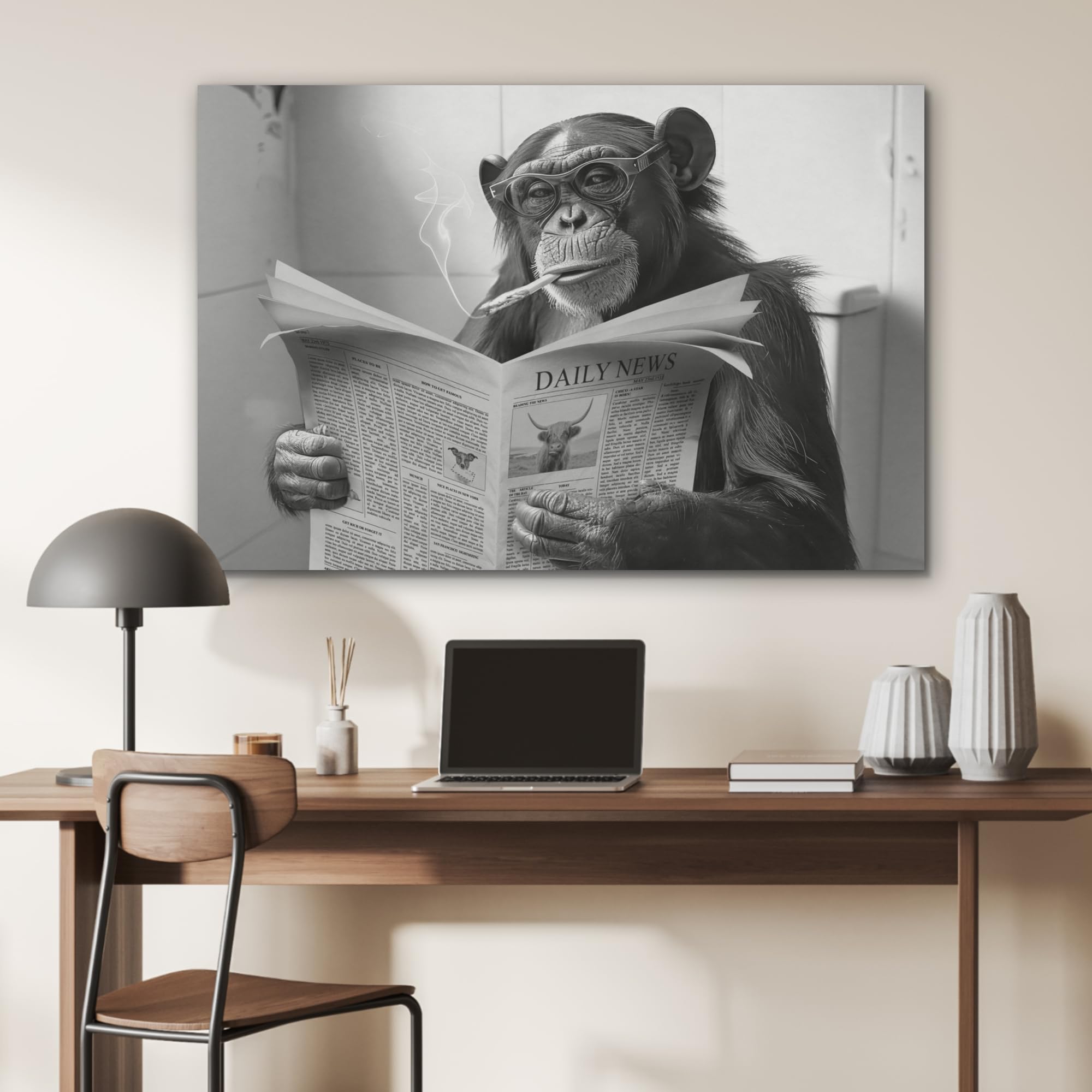 MuchoWow© Wandbilder aus Filz 100x70 cm Wohnzimmer Wanddeko Schlafzimmer Zimmerdeko Wandgemälde Zimmer Deko für die Wand Dekoration Wall Art Affe - WC - Zeitung - Schwarzweiß - Humor
