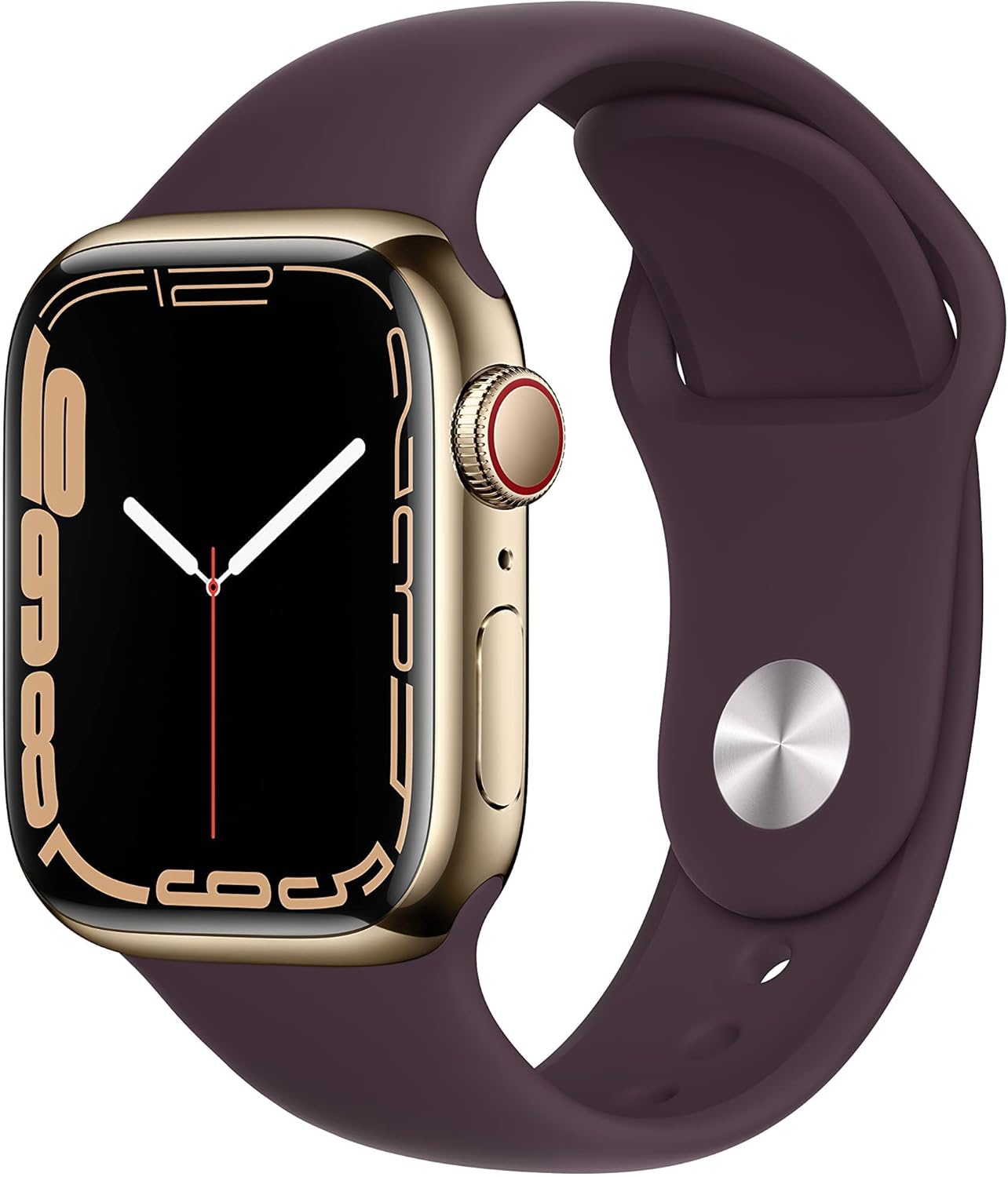 Apple Watch Series 7 (GPS + Cellular, 41mm) Gold Stainless Steel Case with Dark Cherry Sport Band, Regular (Renewed)