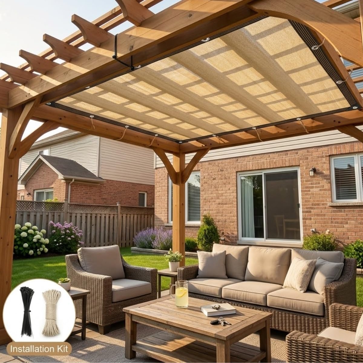 Malla Sombreo Beige 90% Protección UV, Toldo Vela Rectangular con Ojales Cada 50cm, Toldos Exterior Terraza, Tela Sombra Transpirable para Pérgola Jardín Valla Invernadero(3.5x4.5m)