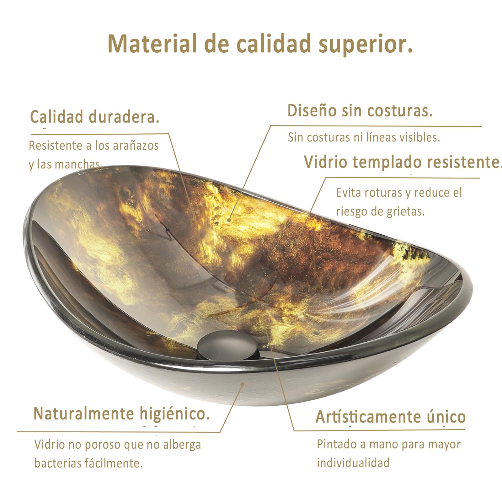 YU YUSING Lavabo Ovalado de Vidrio con Grifo sobre Encimera para Baño, Cocina y Aseo, Moderno Dorado Brillante, 53,3 x 35 x 16 cm