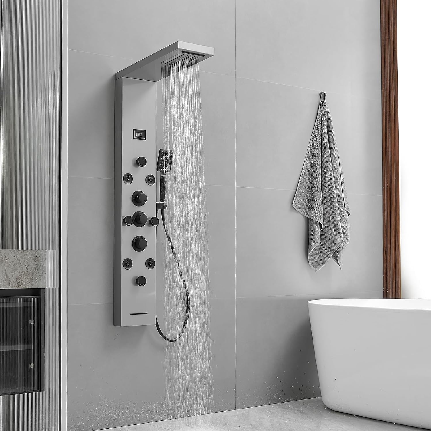 Shower Panel Rain Massage System with Adjustable Body Jets Mist Spray 6 in 1 Functions, Wall-Mount Shower Column Bathroom Shower Panel Tower System, Brushed Nickel and Black
