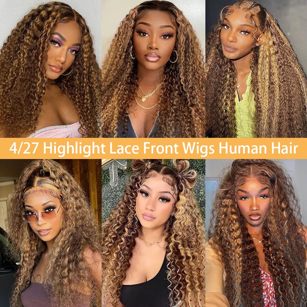 Tylokra 28inch Highlight Ombre Lace Front Wig Human Hair 13x6 HD Honey Blonde 4/27 Deep Wave Lace Frontal Wigs Glueless Wigs Human Hair Product Image 6