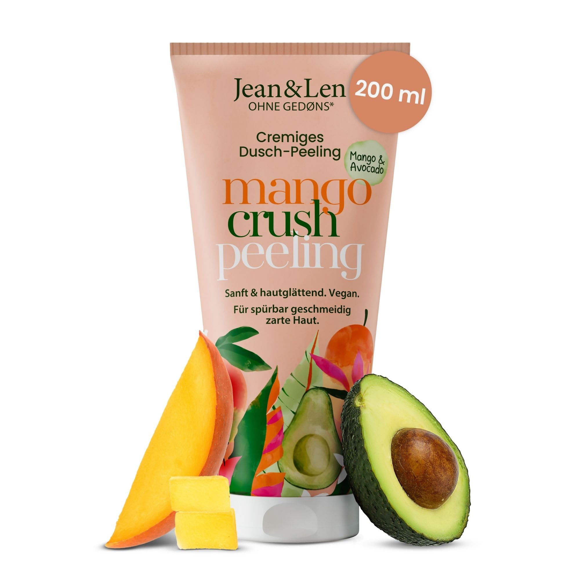 Jean & Len exfoliante de ducha mango y aguacate, con agentes exfoliantes naturales, limpieza suave, previene vellos encarnados, sin microplásticos ni siliconas, exfoliante corporal vegano, 200 ml