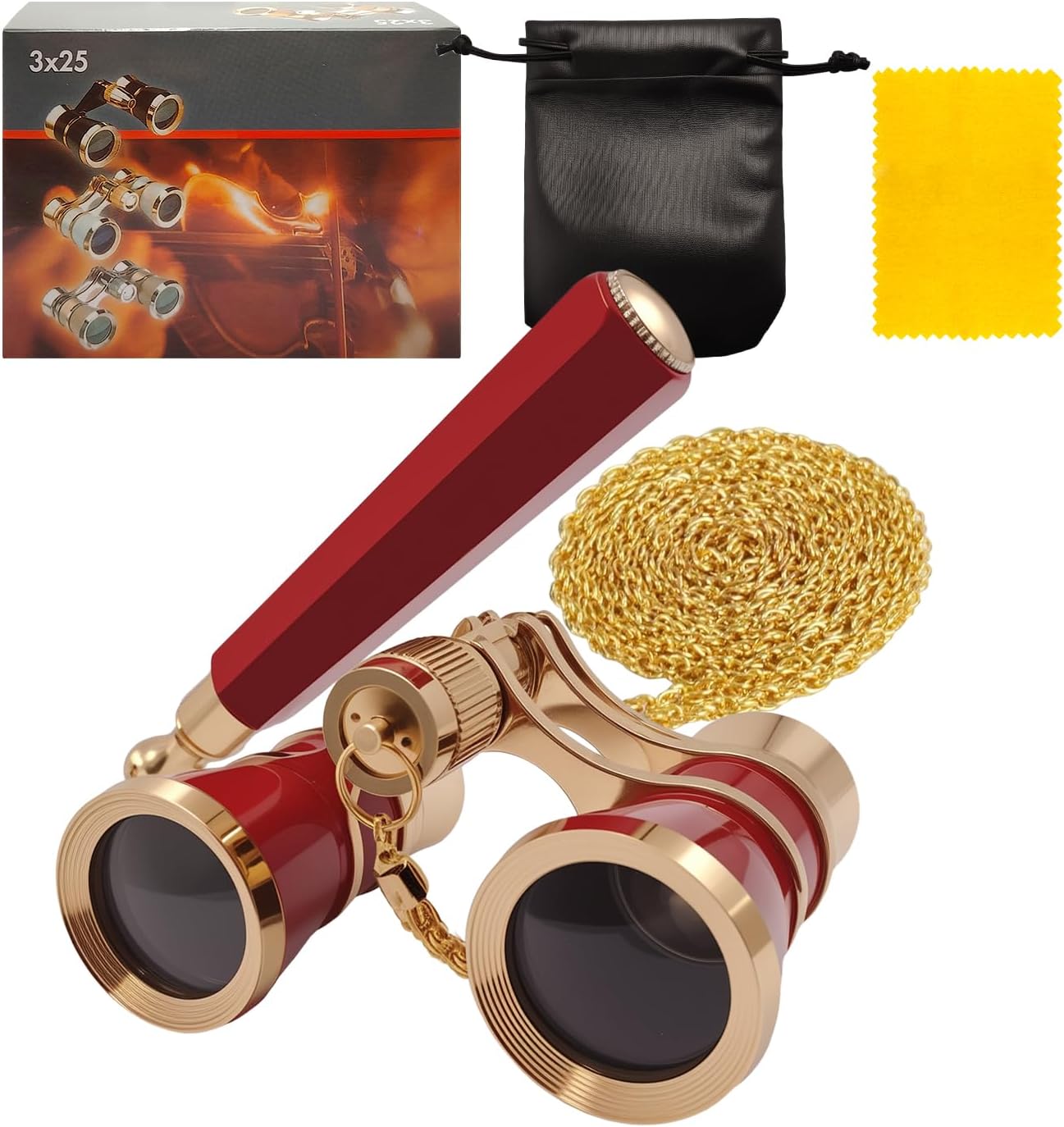 3X25 Opera Glasses Theater Binoculars with Adjustable Handle & Chain, Small Elegant Glasses for Adults Women Vintage Portable Costume Binoculars for Musical Concerts Cinema (Black)