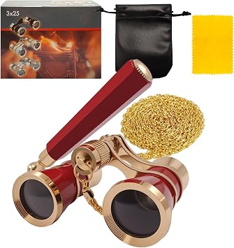 3X25 Opera Glasses Theater Binoculars with Adjustable Handle & Chain, Small Elegant Glasses for Adults Women Vintage Portable Costume Binoculars for Musical Concerts Cinema Red