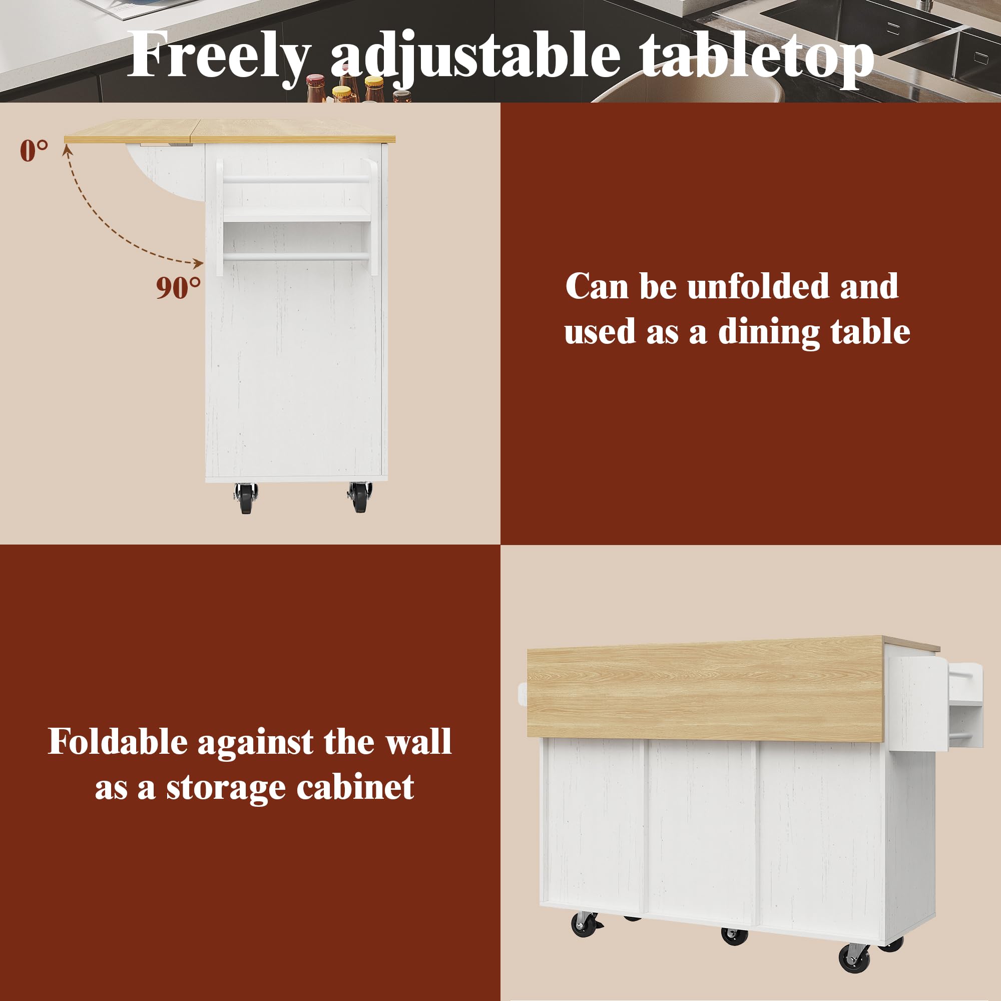 Moderna isola da cucina, armadio da cucina, armadio a buffet, carrello da pranzo con venature del legno, tavolo da pranzo multifunzionale con spazio di archiviazione, carrello da pranzo con