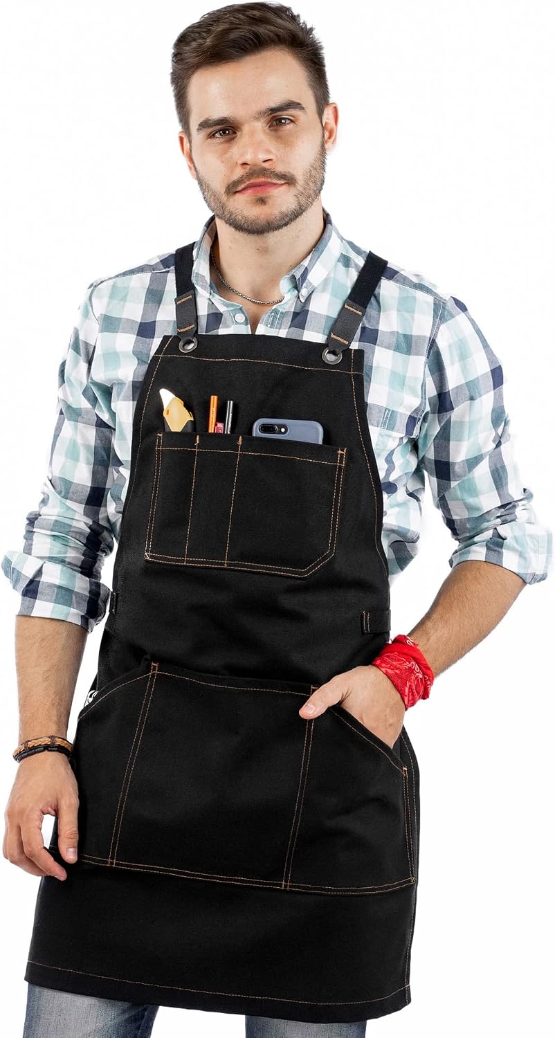 Under NY Sky Essential Black Apron – Heavy Duty Waxed Canvas, Cross-Back, Leather Reinforcement – Adjustable for Men, Women, Pro Mechanic, Welding, Woodwork, Blacksmith, Server Aprons