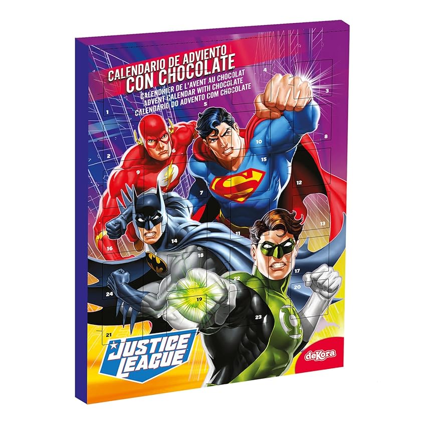dekora - Calendario dell’Avvento Justice League – 50 g Cioccolato al Latte – Calendario Avvento Bambini 2025 – Supereroi DC Comics – 24 Cioccolatini Regalo