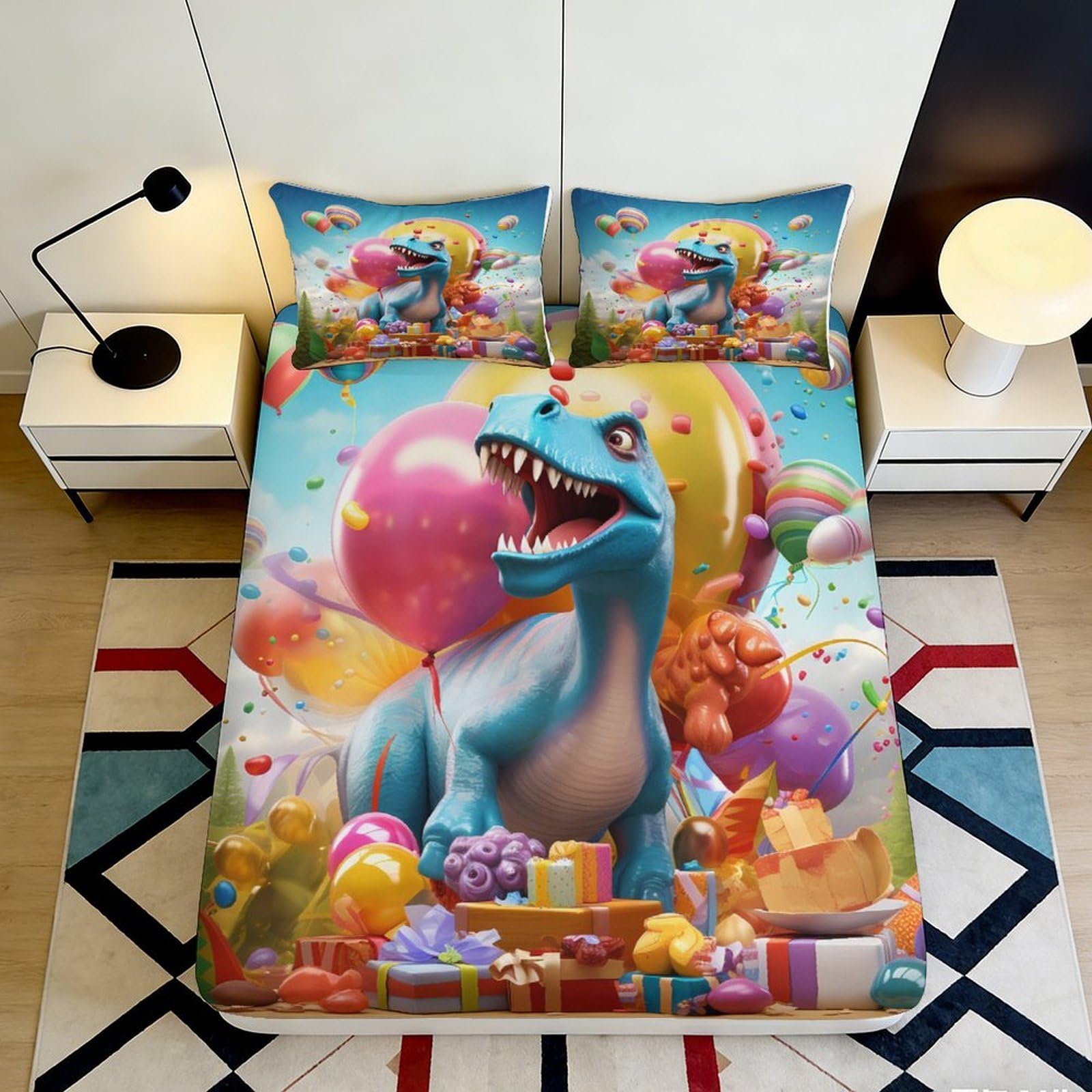 3D Printed Cartoon Dinosaur Fitted Sheet Microfiber All Age Bedroom Deep Pocket Non-Slip Mattress Fitted Cover Washable 200x200x25cm 90x200x25cm
