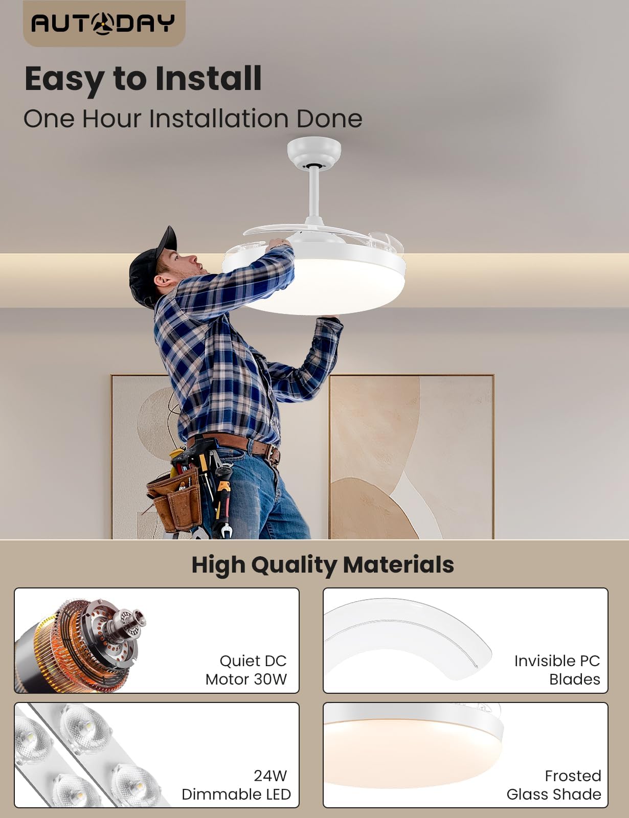Ventilador techo 107 cm con aspas retráctiles y mando | Ventilador de techo con luz regulable, silencioso, de corriente continua, reversible, 6 velocidades, temporizador, blanco