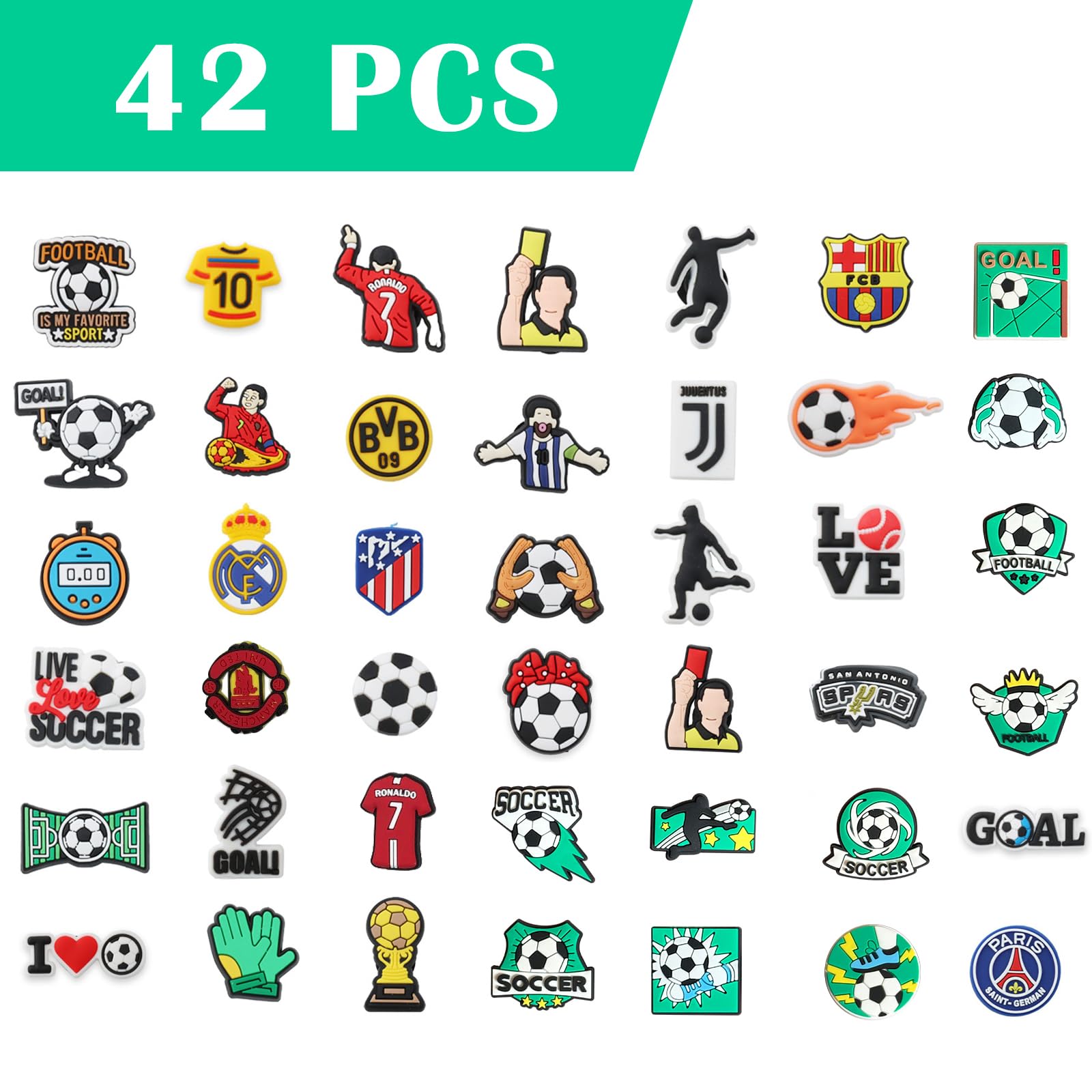 Juego de 42 colgantes para zuecos con tema de fútbol, estrella de fútbol de PVC desmontable, para Crocs, accesorios decorativos para zapatos, accesorios para niños, jóvenes, adultos, aficionados al
