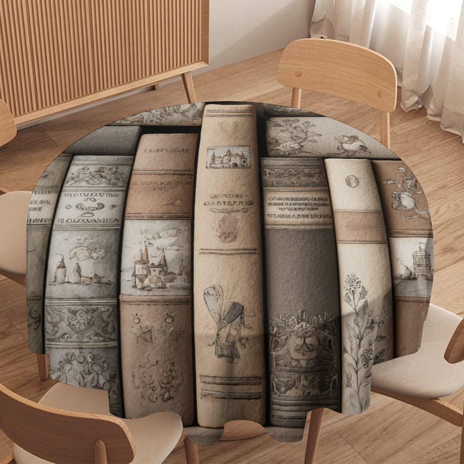 LUYYSKY Classic Watercolor Fairy Books Round Tablecloth Mid Century Retro Antique Books Boho Floral Pattern Washable Decor for Table Cover for Kitchen-127 Wx127 L cm