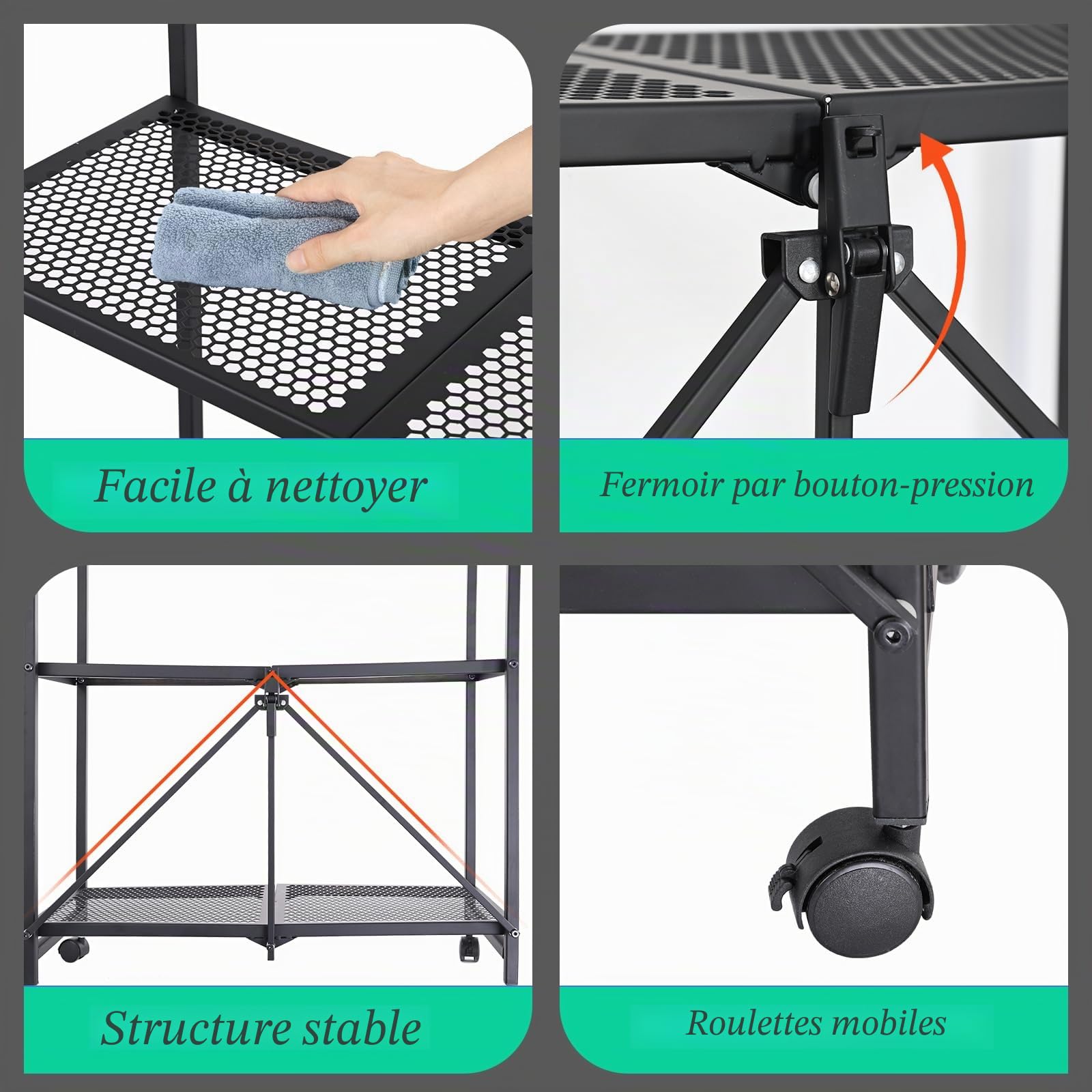 Desserte à roulettes Pliante à 4 étages, Chariot de Service, Chariot de Cuisine, 137 x 32,5 x 73,5 cm, Étagère de Rangement Pliable Multifonctionnelle, pour Cuisine, Bureau, Salle de Bain