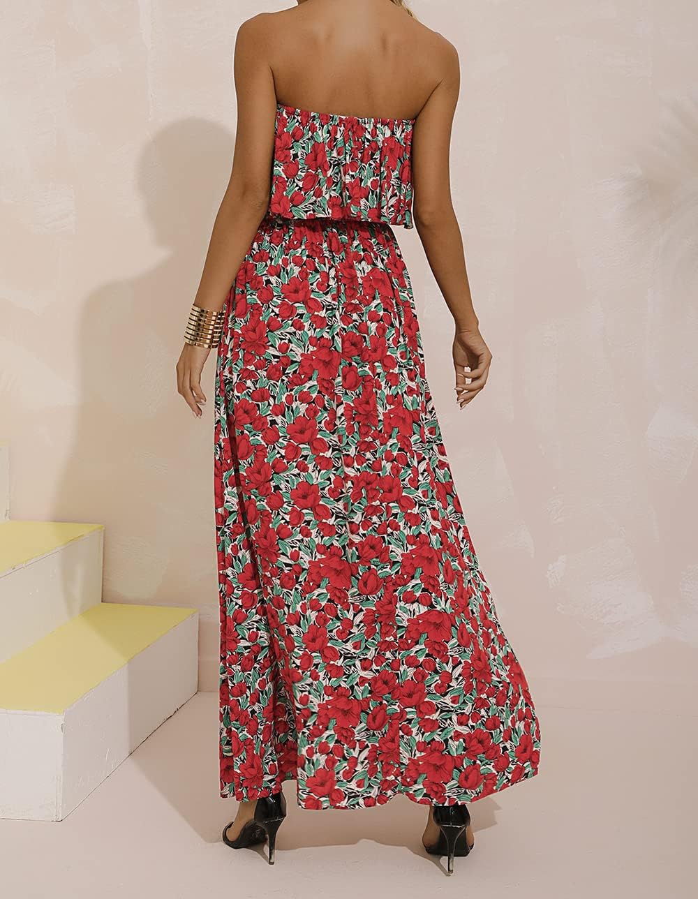 ZMPSIISA Women's Summer Off The Shoulder Maxi Dress Ruffle Strapless Blue White Porcelain Boho Casual Loose Long Dresses