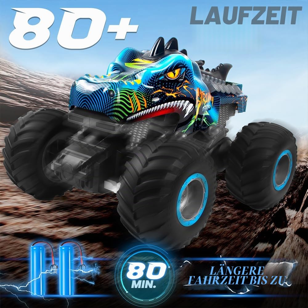 Ferngesteuertes Auto Dinosaurier 1:16 Maßstab RC Monster Truck Fernbedienung Auto mit Sprühnebel-Musik-LED-Leuchten, 2,4 GHz 20 km/h RC Auto Spielzeug für Kinder ab 3 4 5 6 8 10 Jahre