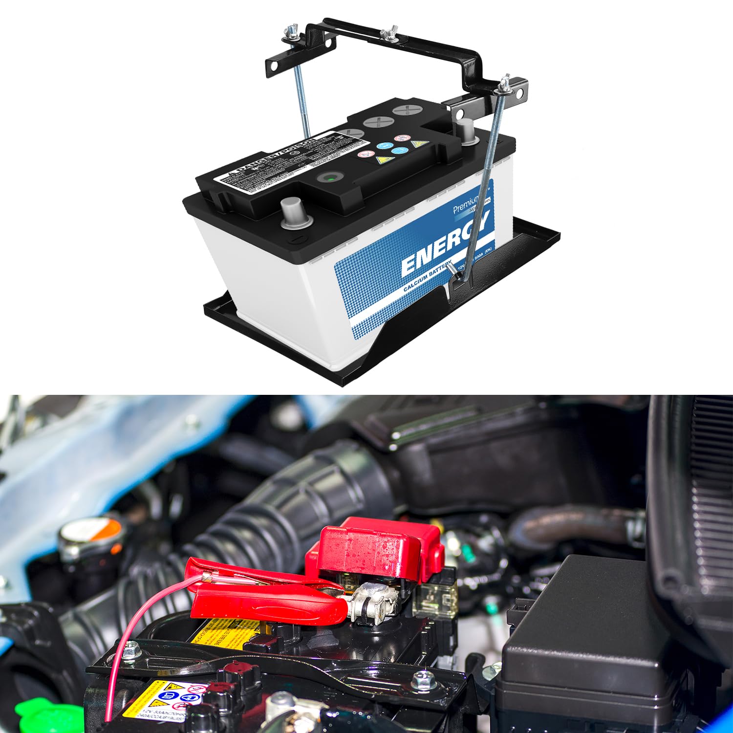 QWORK® Support Universel pour Batterie de Voiture - Support en Métal 34,5x20 cm avec Pinces de Maintien Réglable