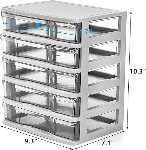 Miniatura 3 de DEAYOU Unidad de almacenamiento de escritorio de 5 cajones, organizador de plástico pequeño, marco blanco con cajón transparente, mini estuche para