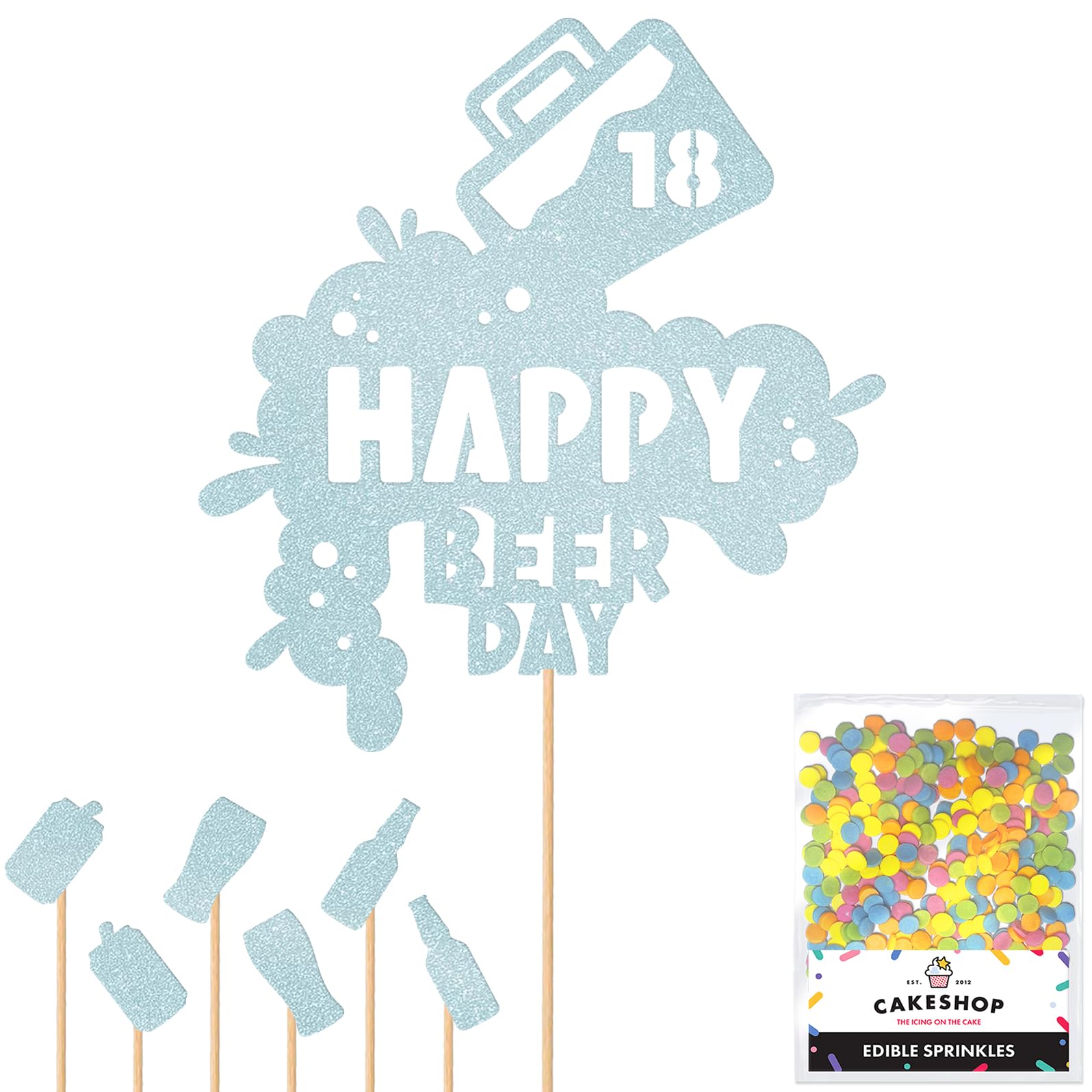 Personalised Happy Beer Day Glitter Cake Topper - Light Blue Custom Age Glitter Cake Decoration and Sprinkles - Happy Birthday Decorations - Personalised Toppers for Cakes by Cakeshop — image 1